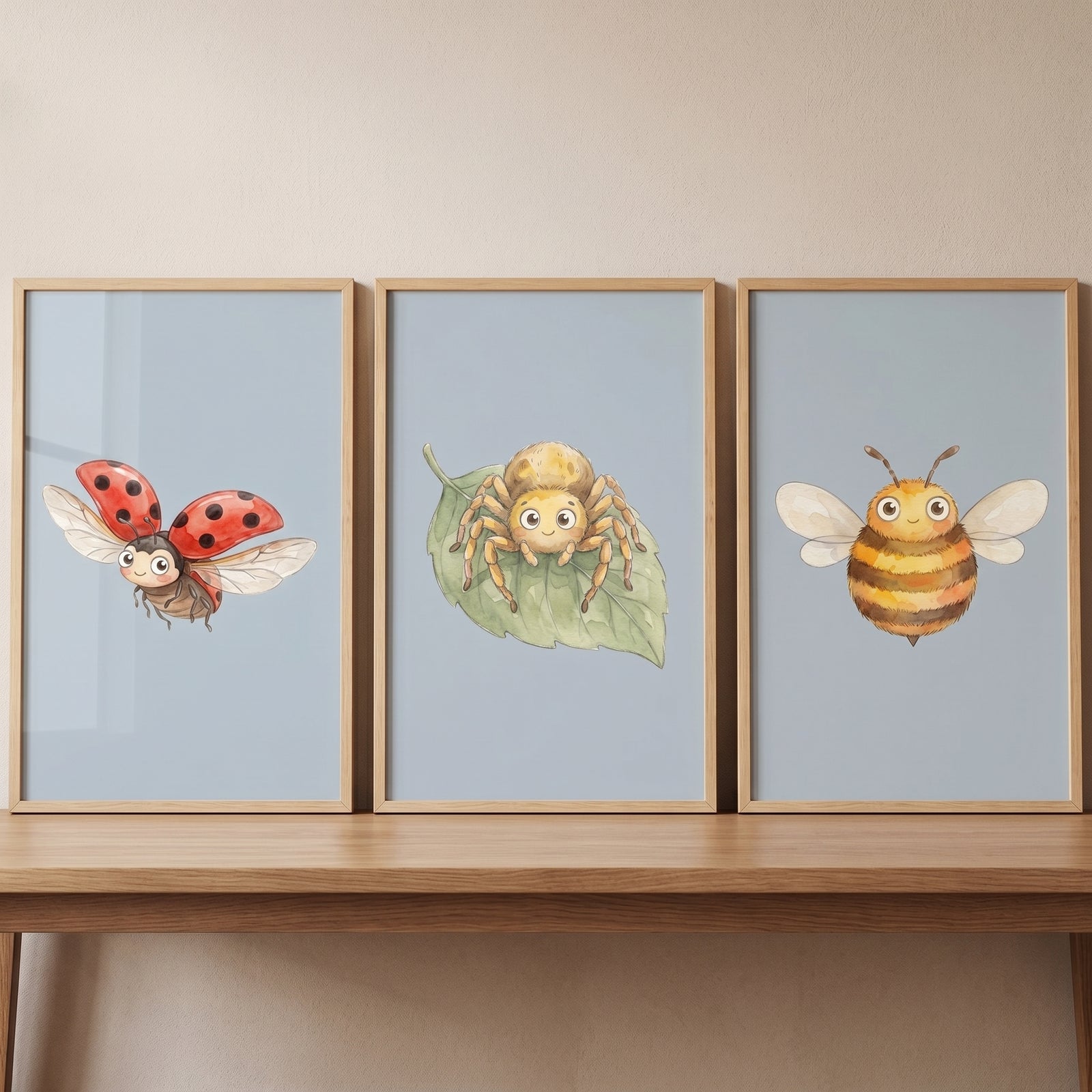Watercolor ladybug, spider, and bee in this serene garden bug wall art set of 3 in wood frames.