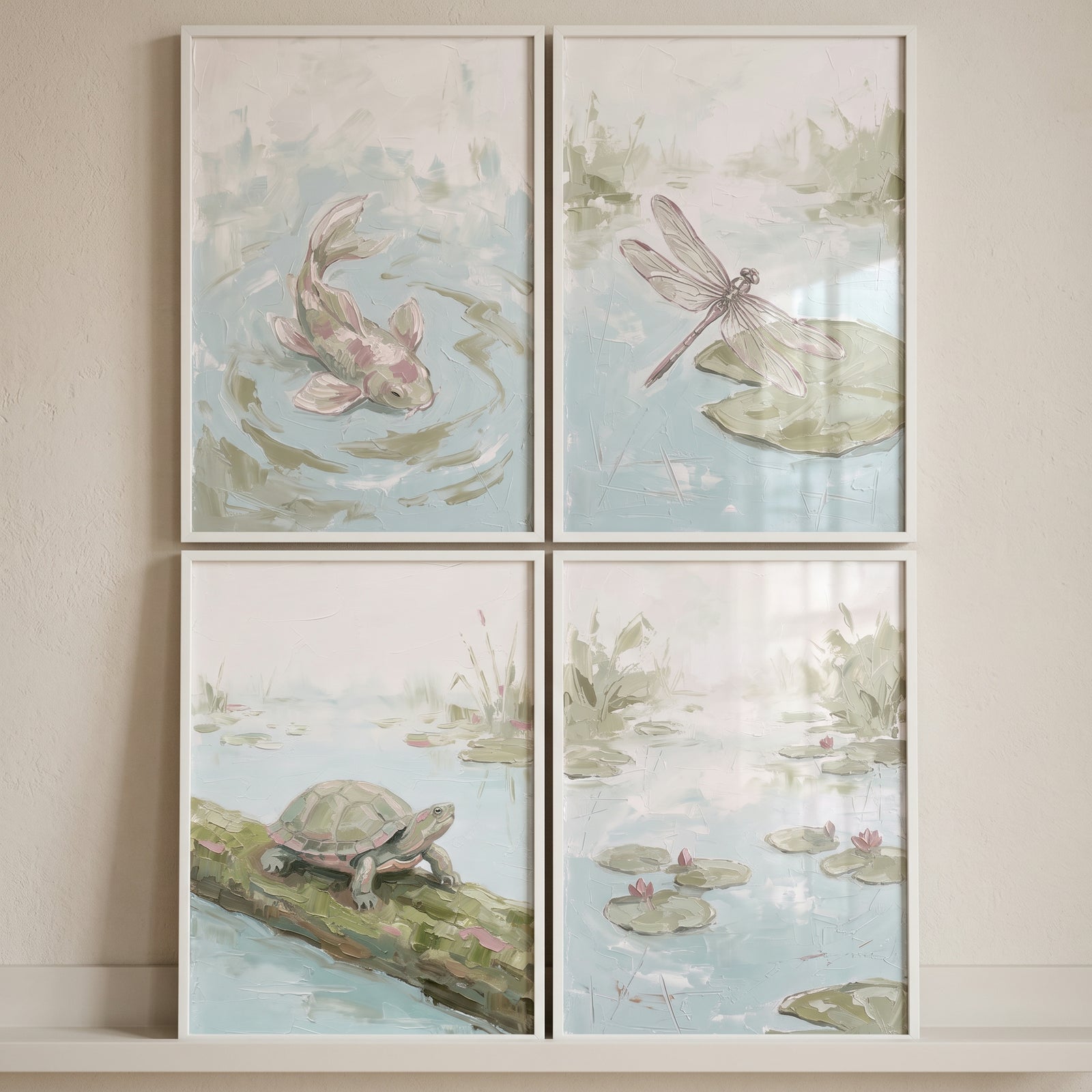 Serene green pond animal artwork set of 4 featuring a fish, dragonfly, turtle, and lily pads in soft, muted tones.