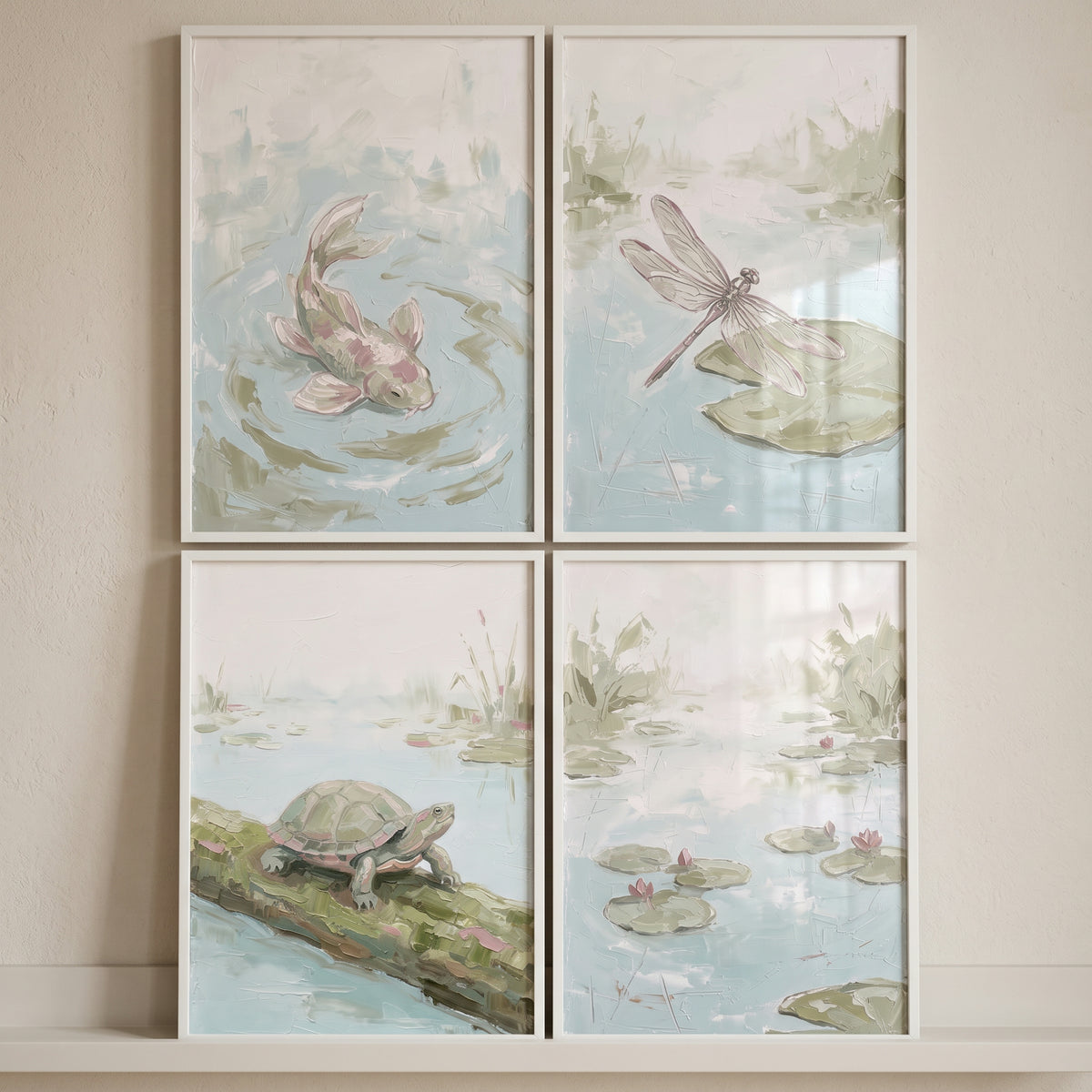 Serene Green Pond Animal Artwork Set of 4 - Tranquil Marsh Scenes