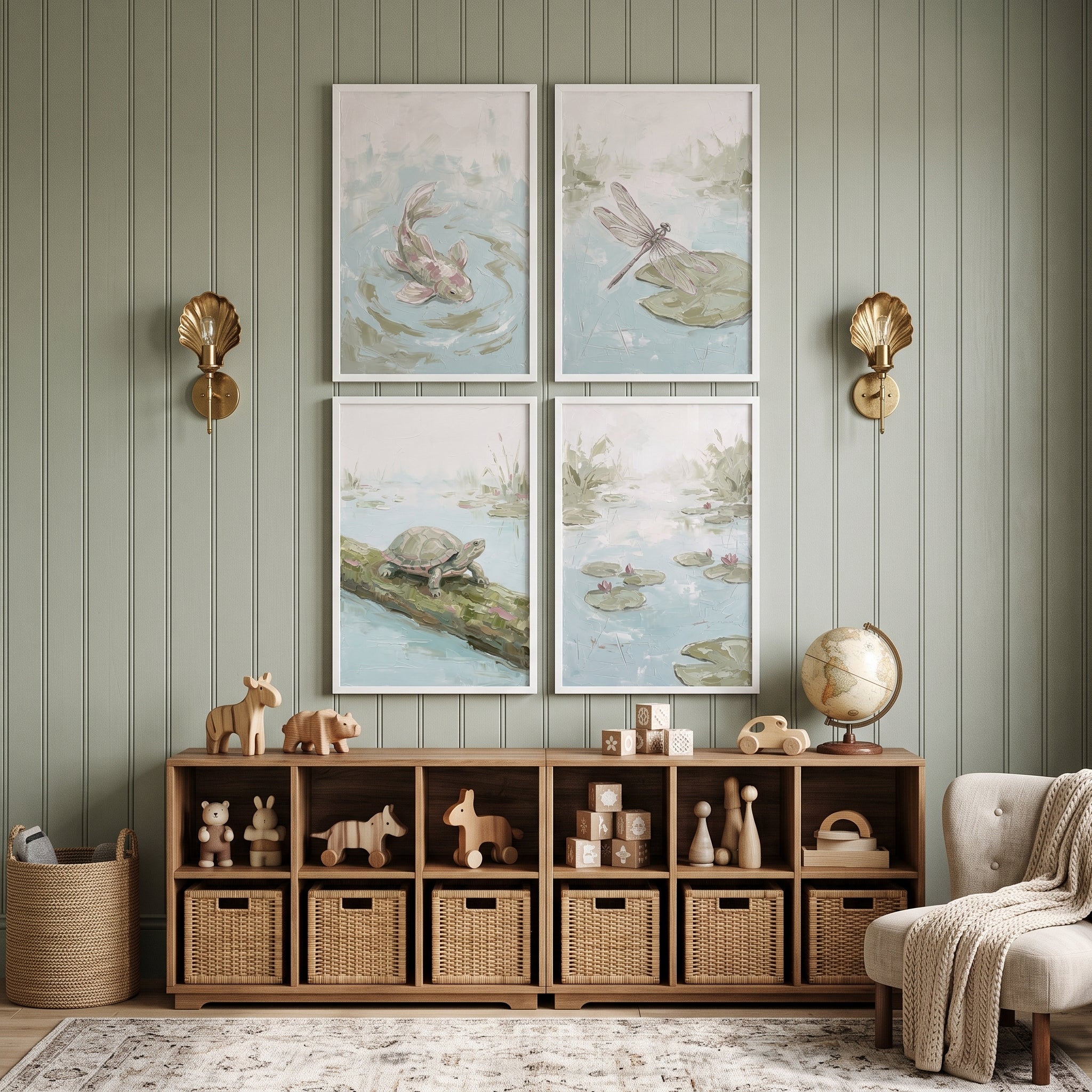 Serene Green Pond Animal Artwork Set of 4 - Tranquil Marsh Scenes