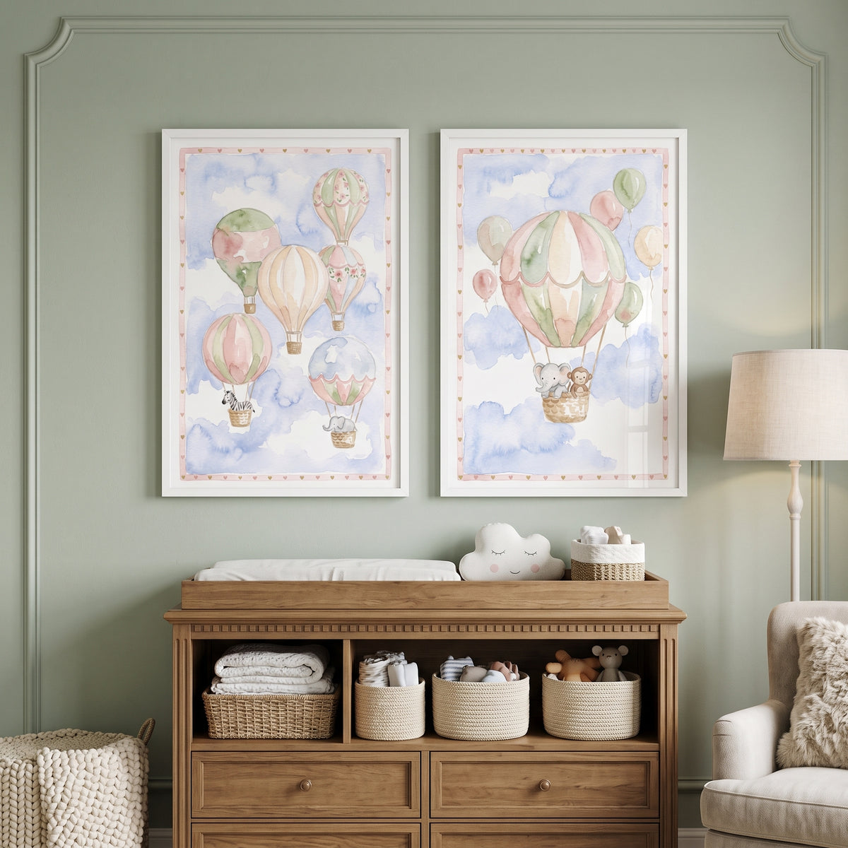 Serene Hot Air Balloon Wall Art Set Of 2 - Pastel Balloon Journey
