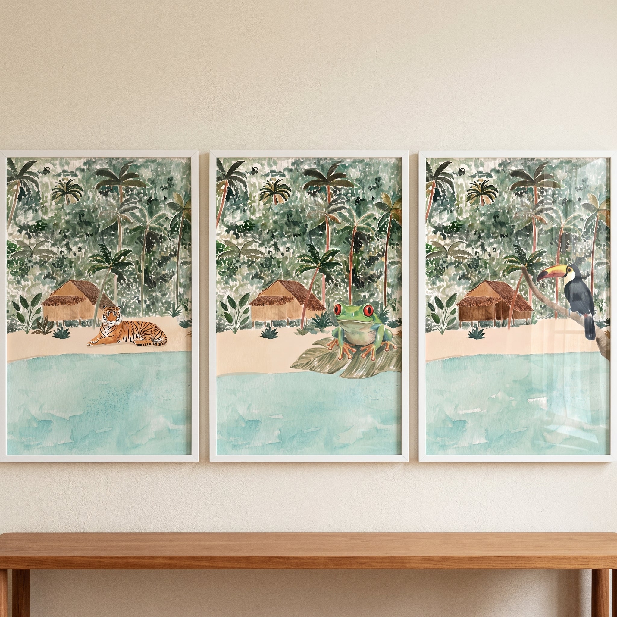 Serene Island Watercolor Animals Wall Art Set of 3 - Island Shore Animals