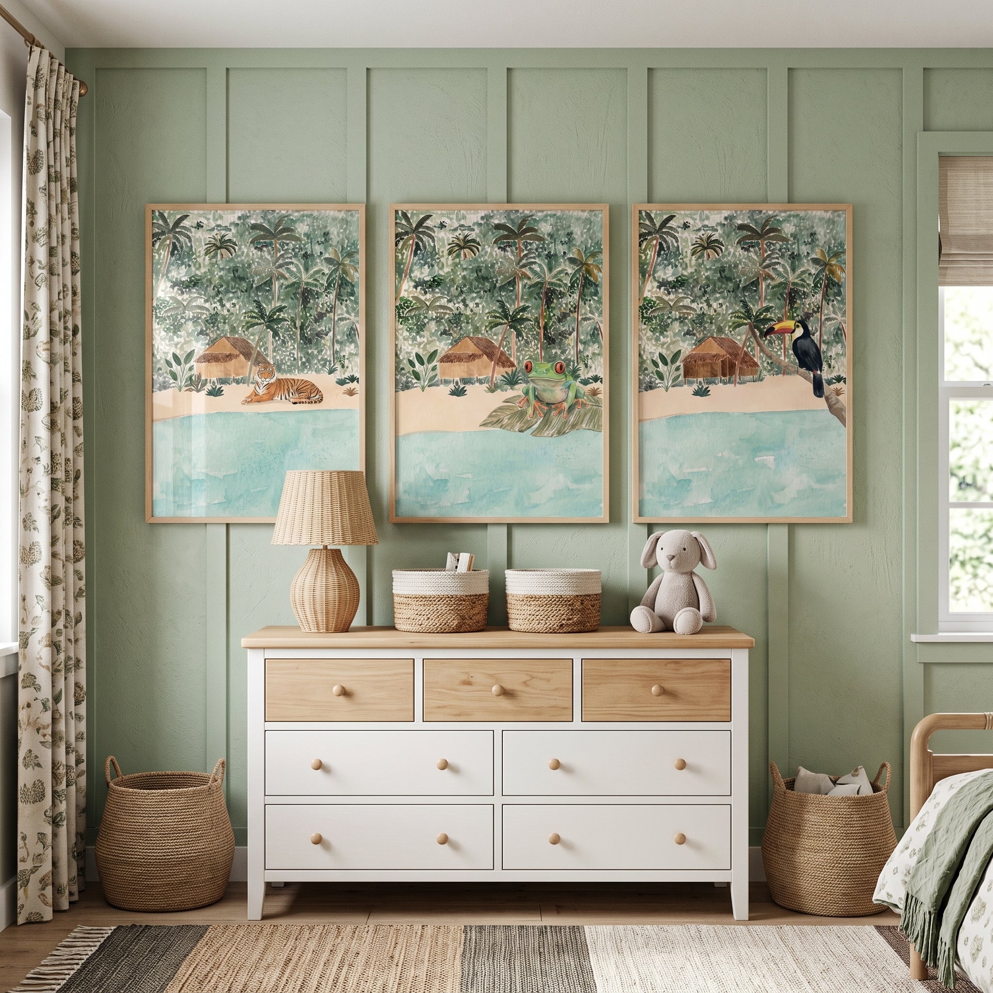 Serene Island Watercolor Animals Wall Art Set of 3 - Island Shore Animals