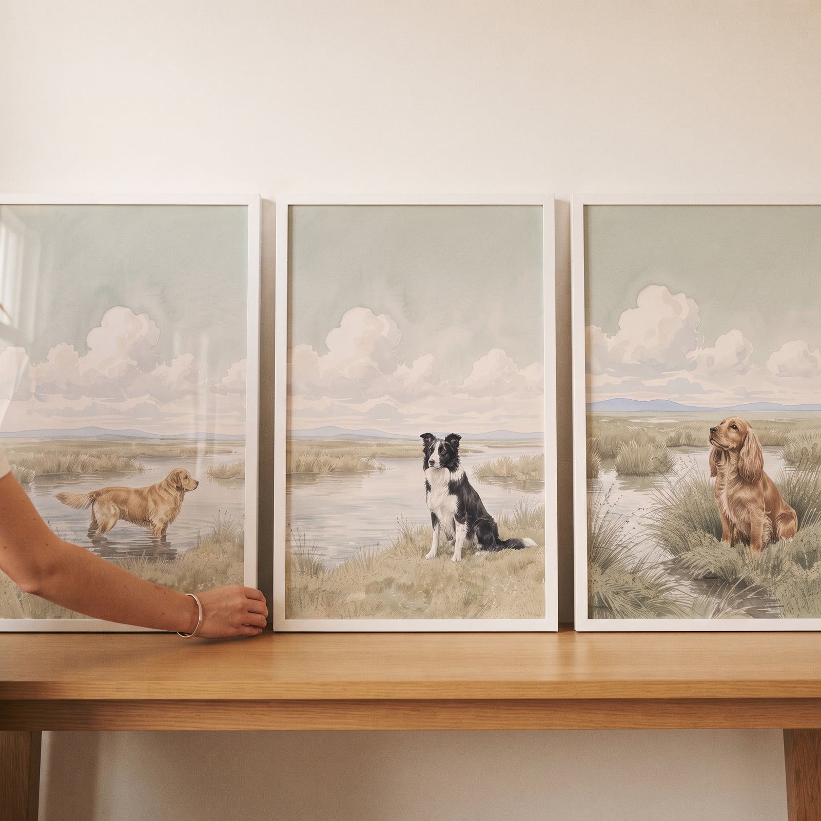 Serene landscape wetland dog wall art set of 3 on a table, featuring a golden retriever, border collie, and spaniel.