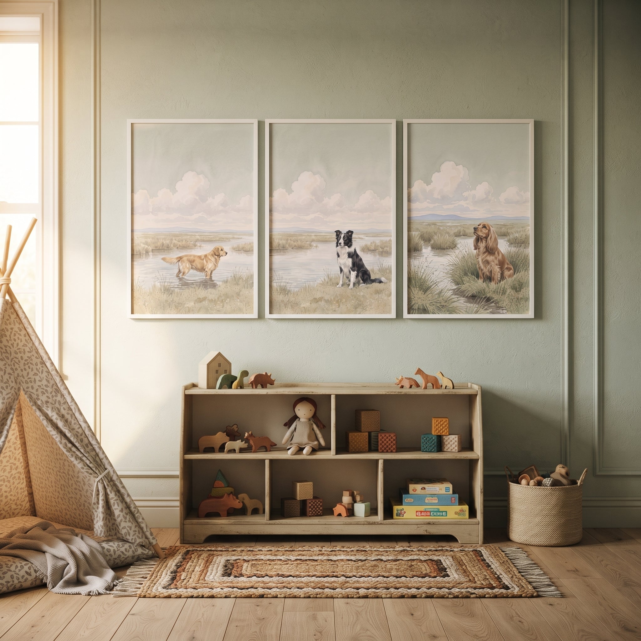 Serene Landscape Wetland Dog Wall Art Set Of 3 - Faithful Marsh Friends