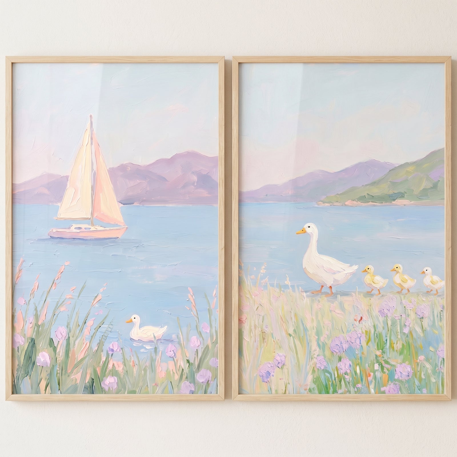 Serene lavender coastal duck wall art set of 2 features a sailboat and ducks beside a flowery shore and calm mountains.