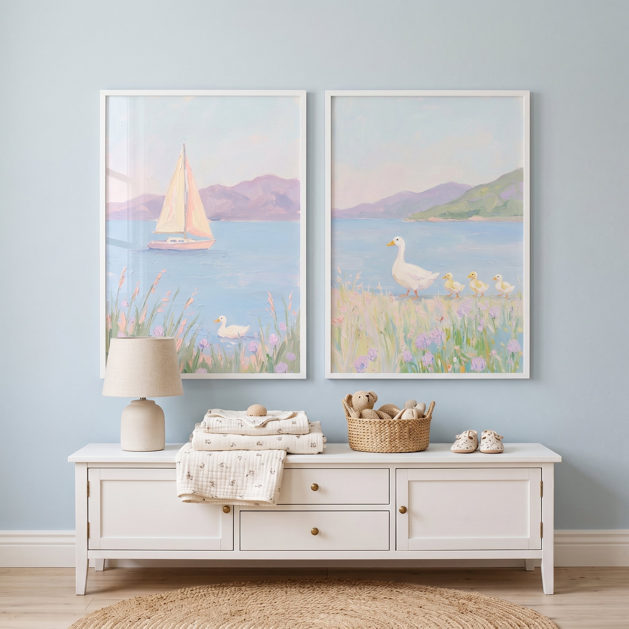 Serene Lavender Coastal Duck Wall Art Set of 2 - Gentle Duckling Parade
