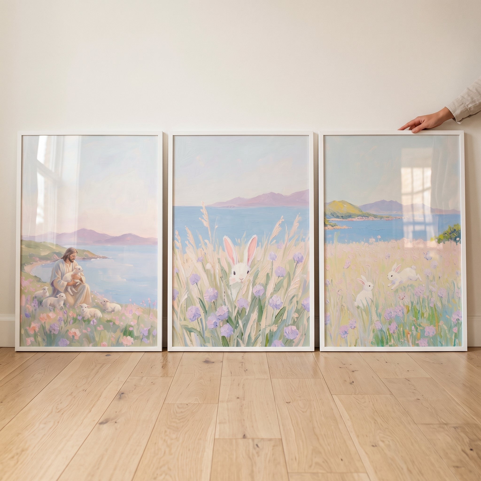 Serene Lavender Meadow Coastal Wall Art Set of 3 - Peaceful Meadow Bunnies