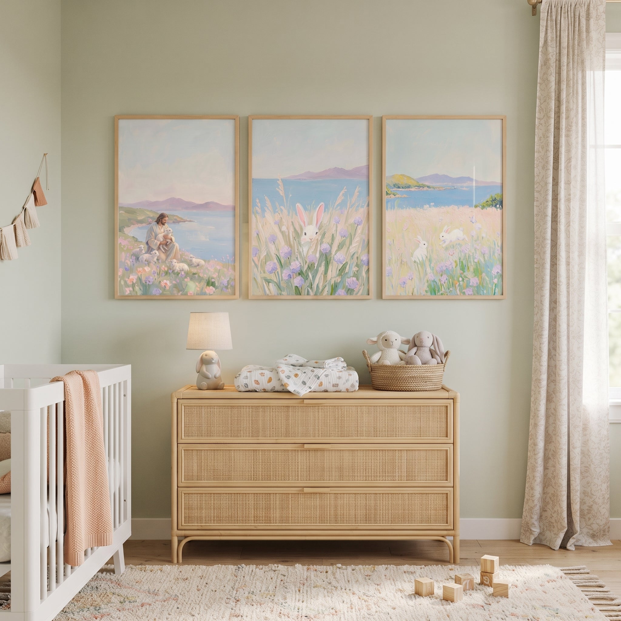 Serene Lavender Meadow Coastal Wall Art Set of 3 - Peaceful Meadow Bunnies