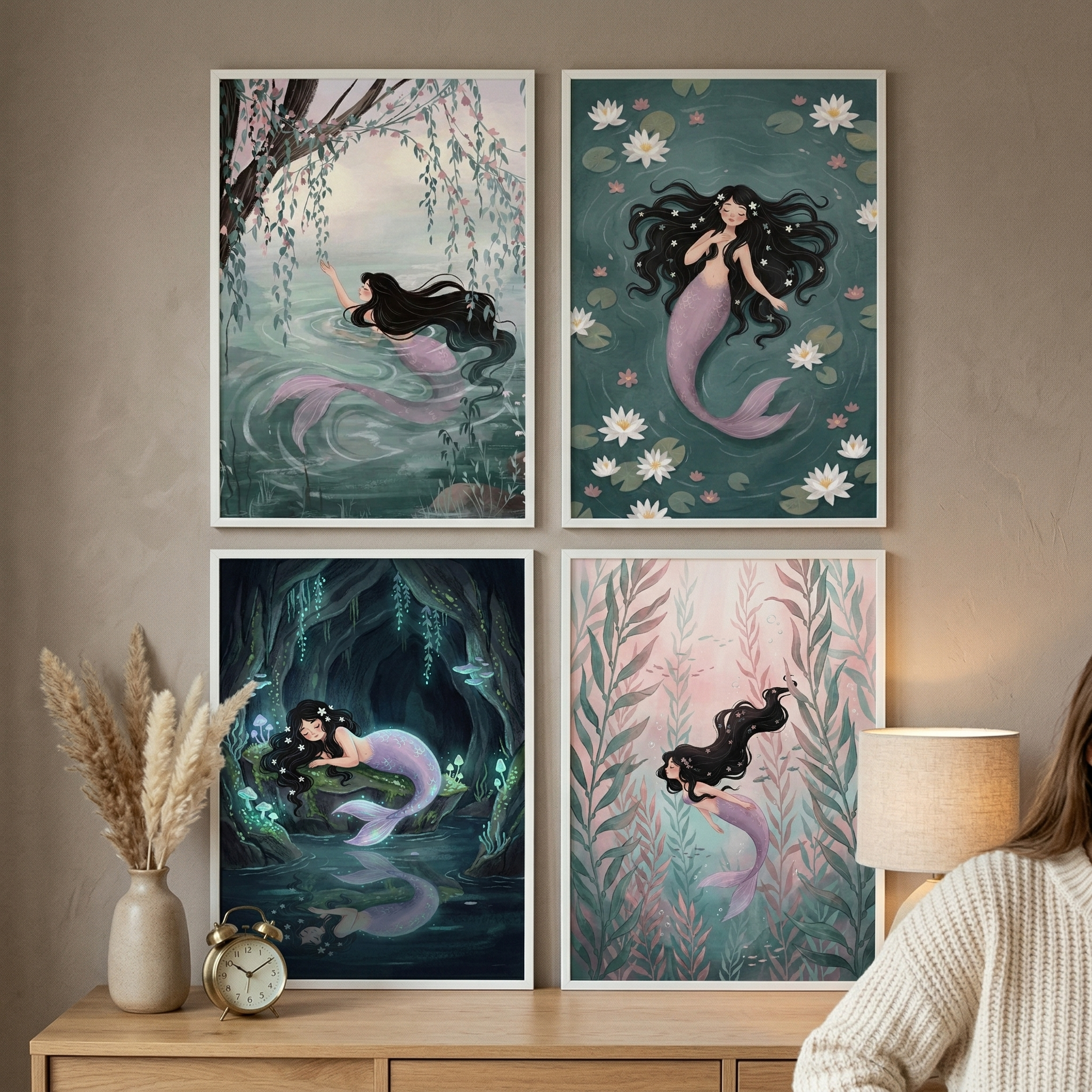 Serene Lavender Tail Mermaid Wall Art Set of 4 - Enchanted Mermaid Dreams