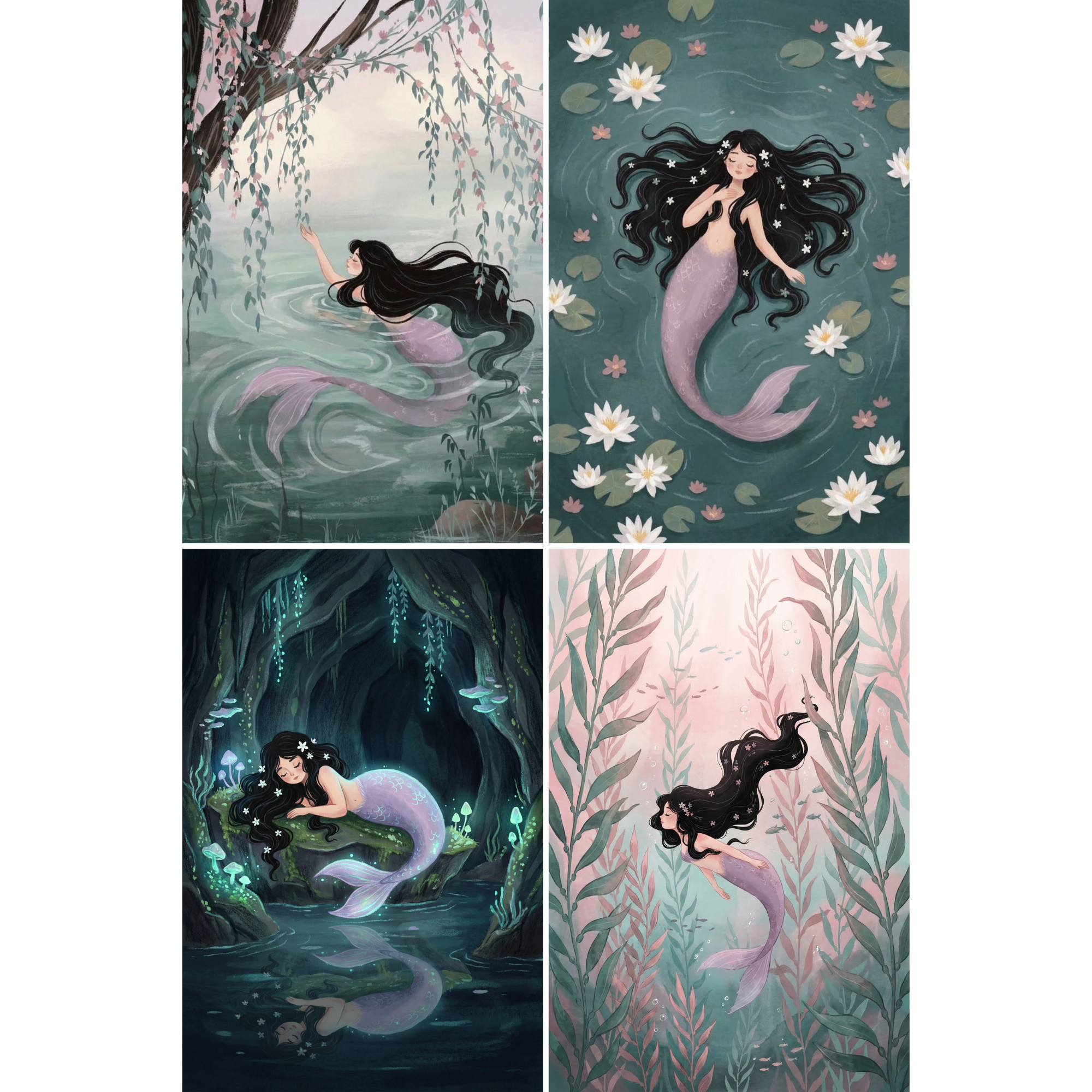 Serene Lavender Tail Mermaid Wall Art Set of 4 - Enchanted Mermaid Dreams