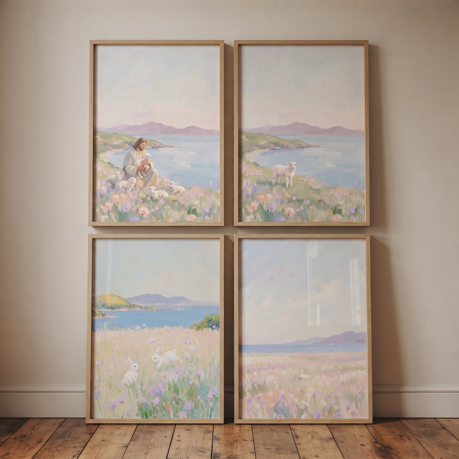 Jesus with lambs and rabbits in a serene lavender wildflower coastal wall art set of 4.