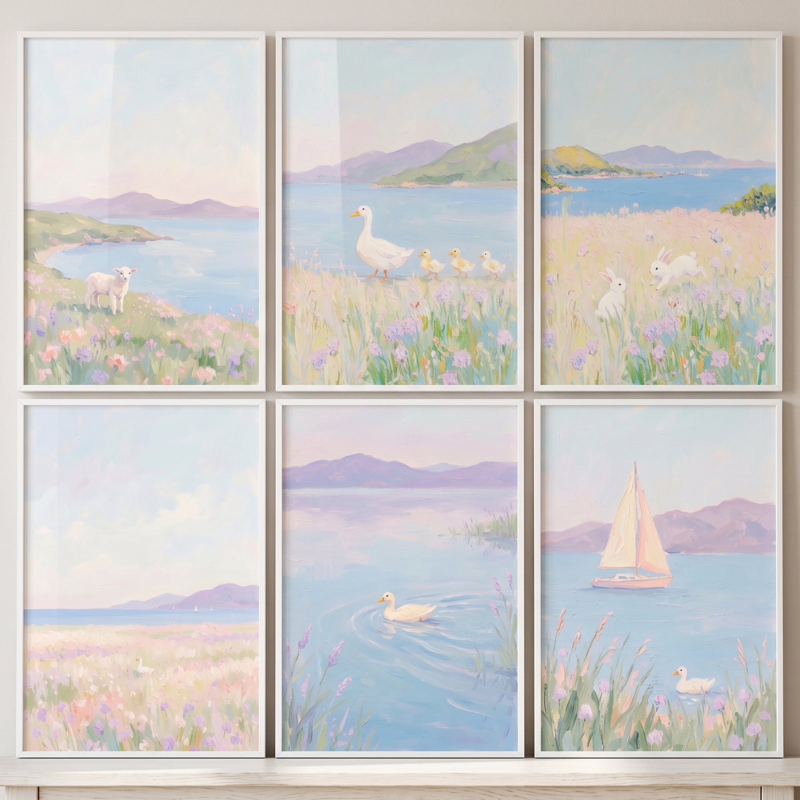 Serene lilac animal wall art set of 6 features soft pastel scenes of a lamb, ducks, rabbits, and a sailboat by the water.