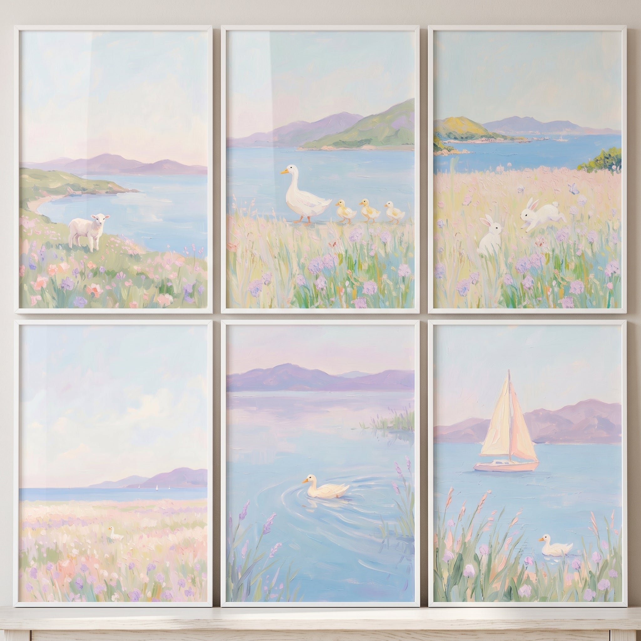Serene Lilac Animal Wall Art Set of 6 - Serene Meadow Tales