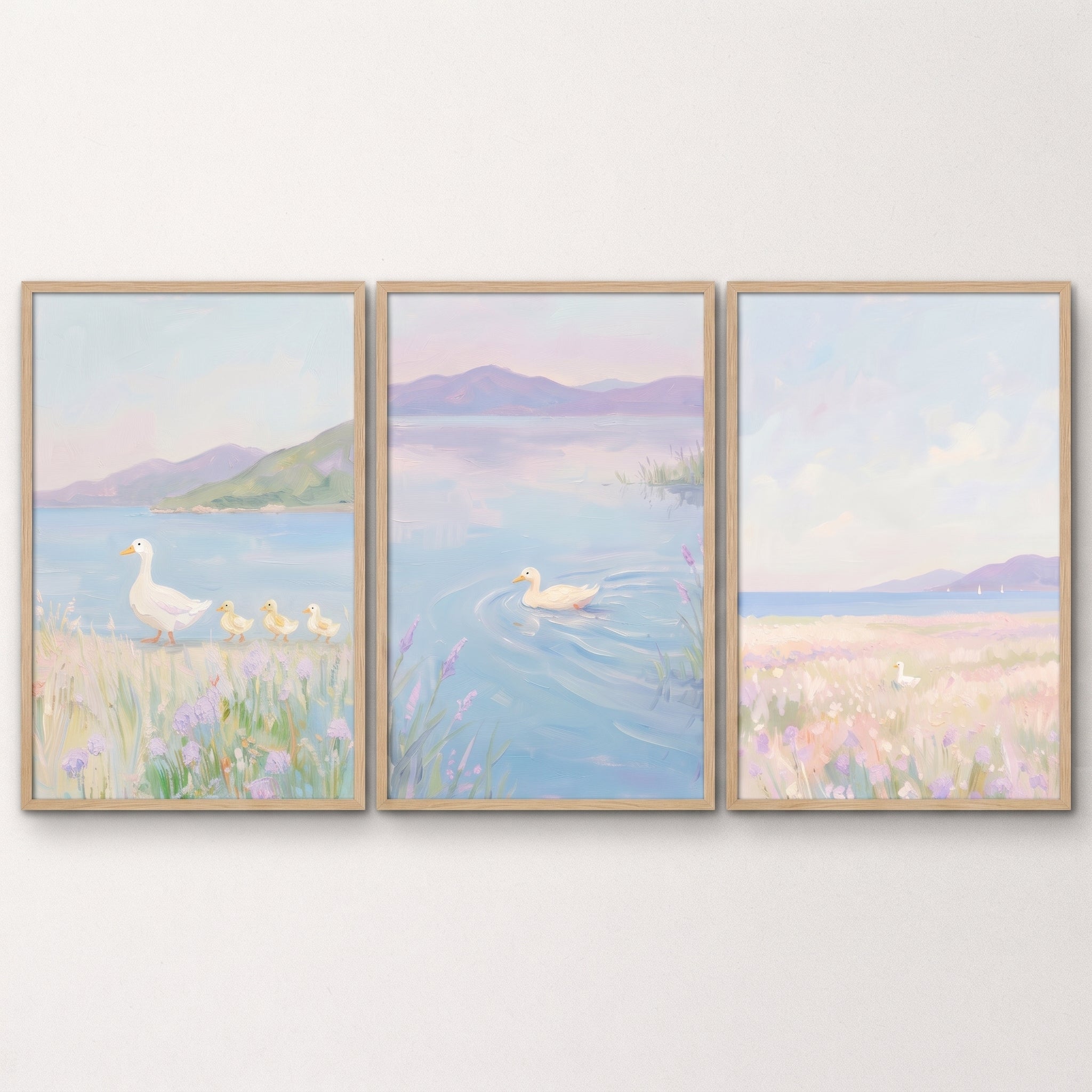 Serene Lilac Lakeside Duck Wall Art Set of 3 - Pastel Duckling Dreams