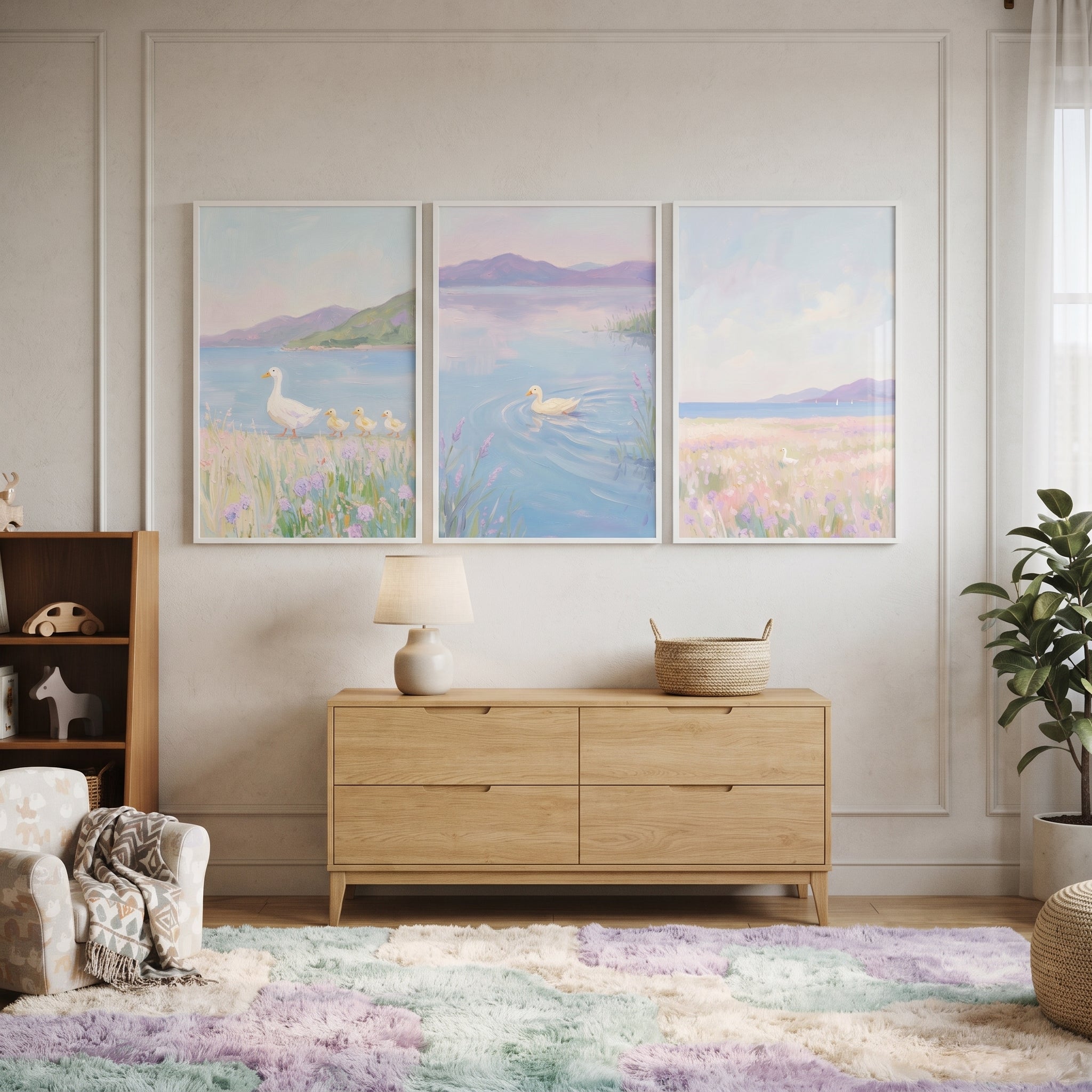 Serene Lilac Lakeside Duck Wall Art Set of 3 - Pastel Duckling Dreams