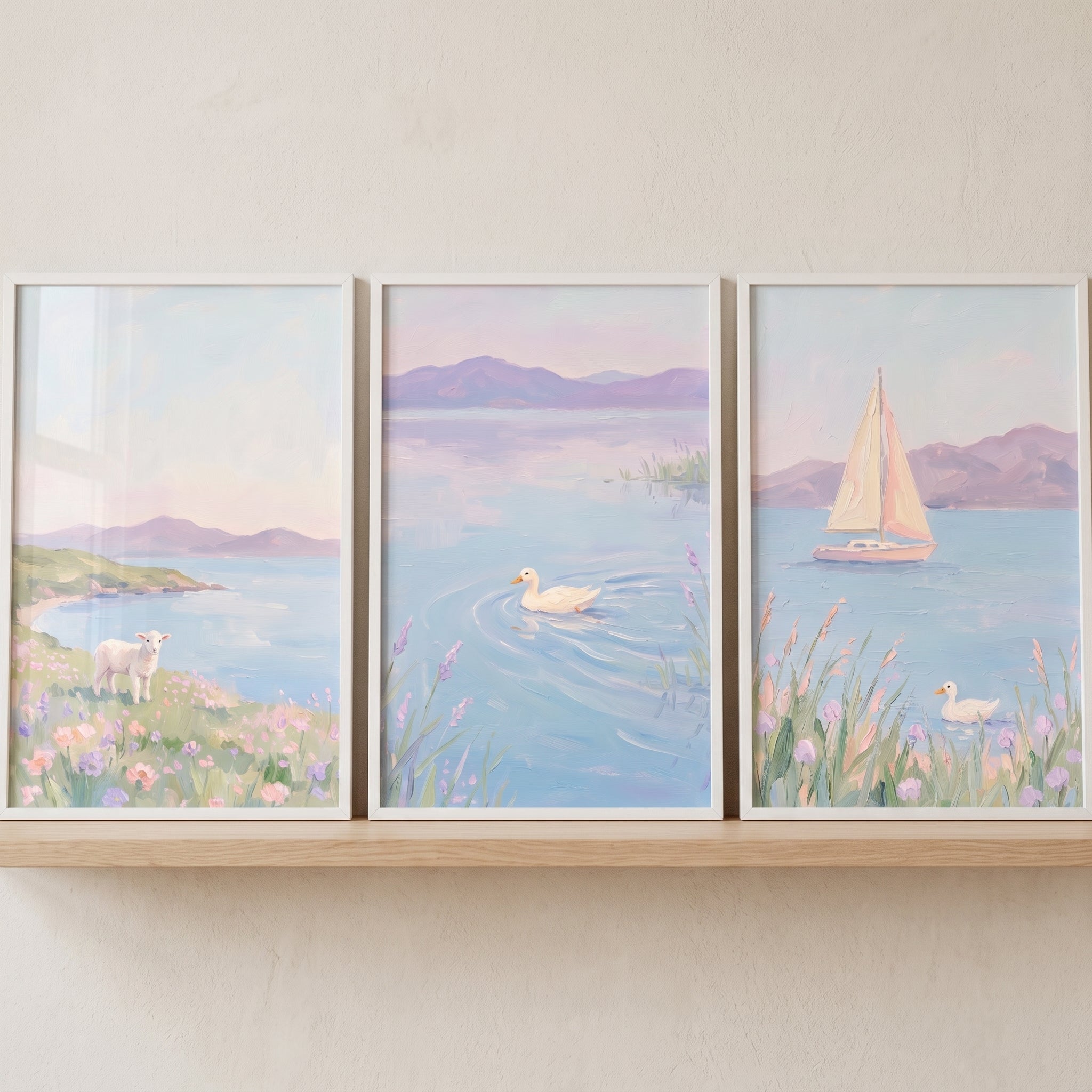 Serene Lilac Seaside Landscape Artwork Set of 3 - Gentle Lake Serenity