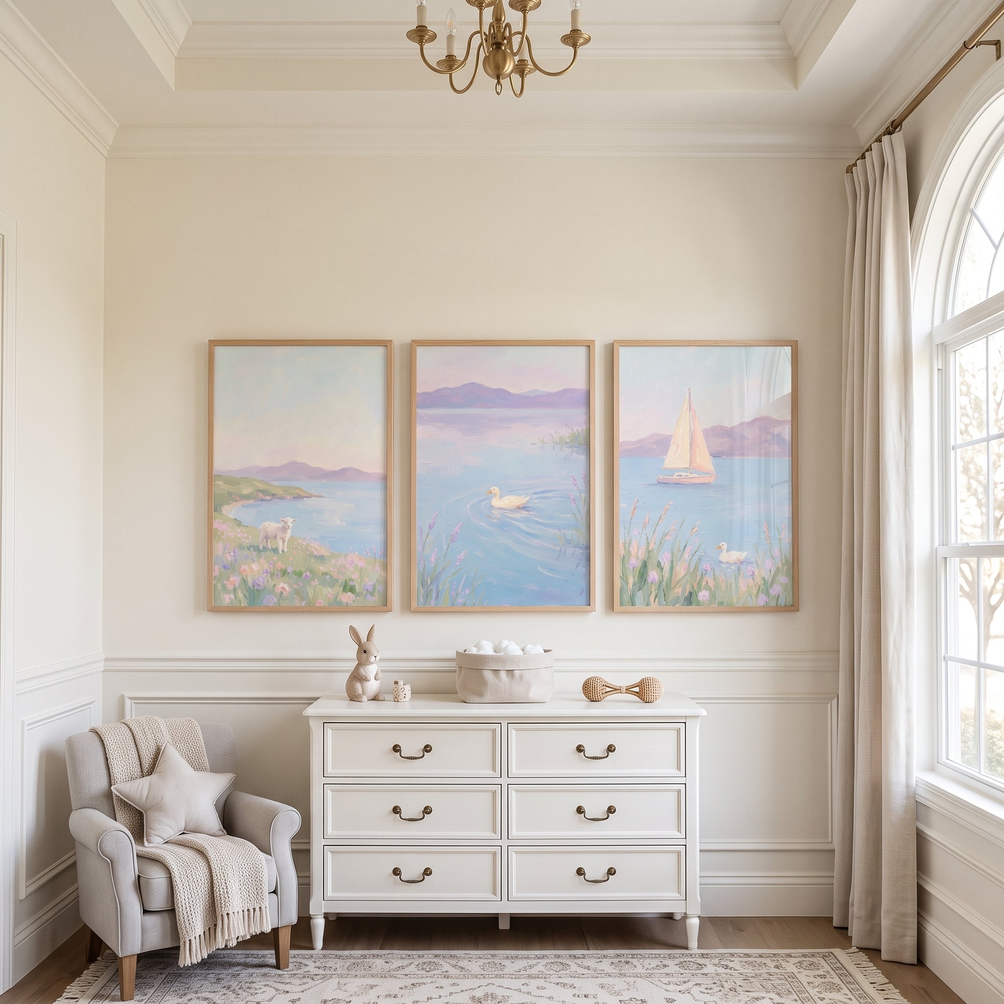 Serene Lilac Seaside Landscape Artwork Set of 3 - Gentle Lake Serenity