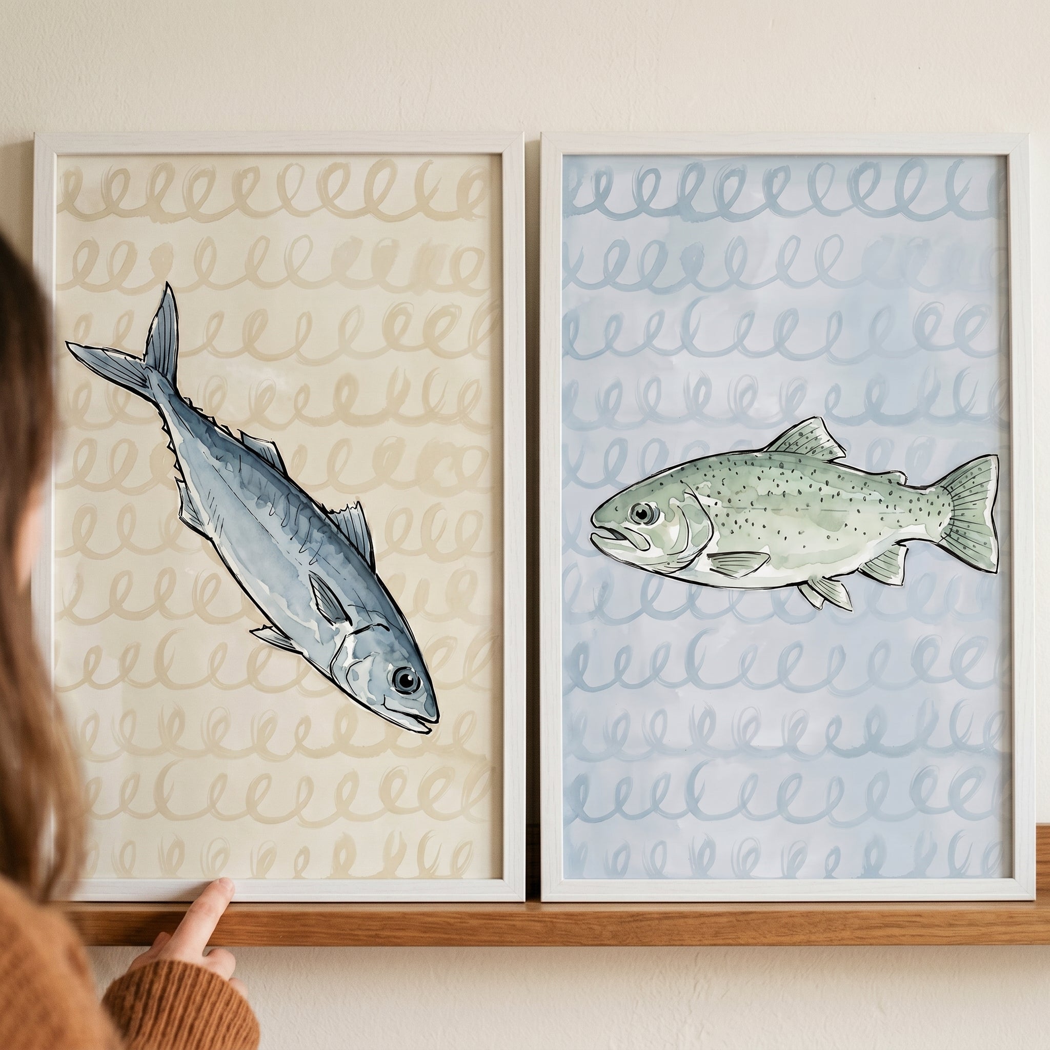 Serene Loopy Background Fish Artwork Set of 2 - Twin Fish Duo