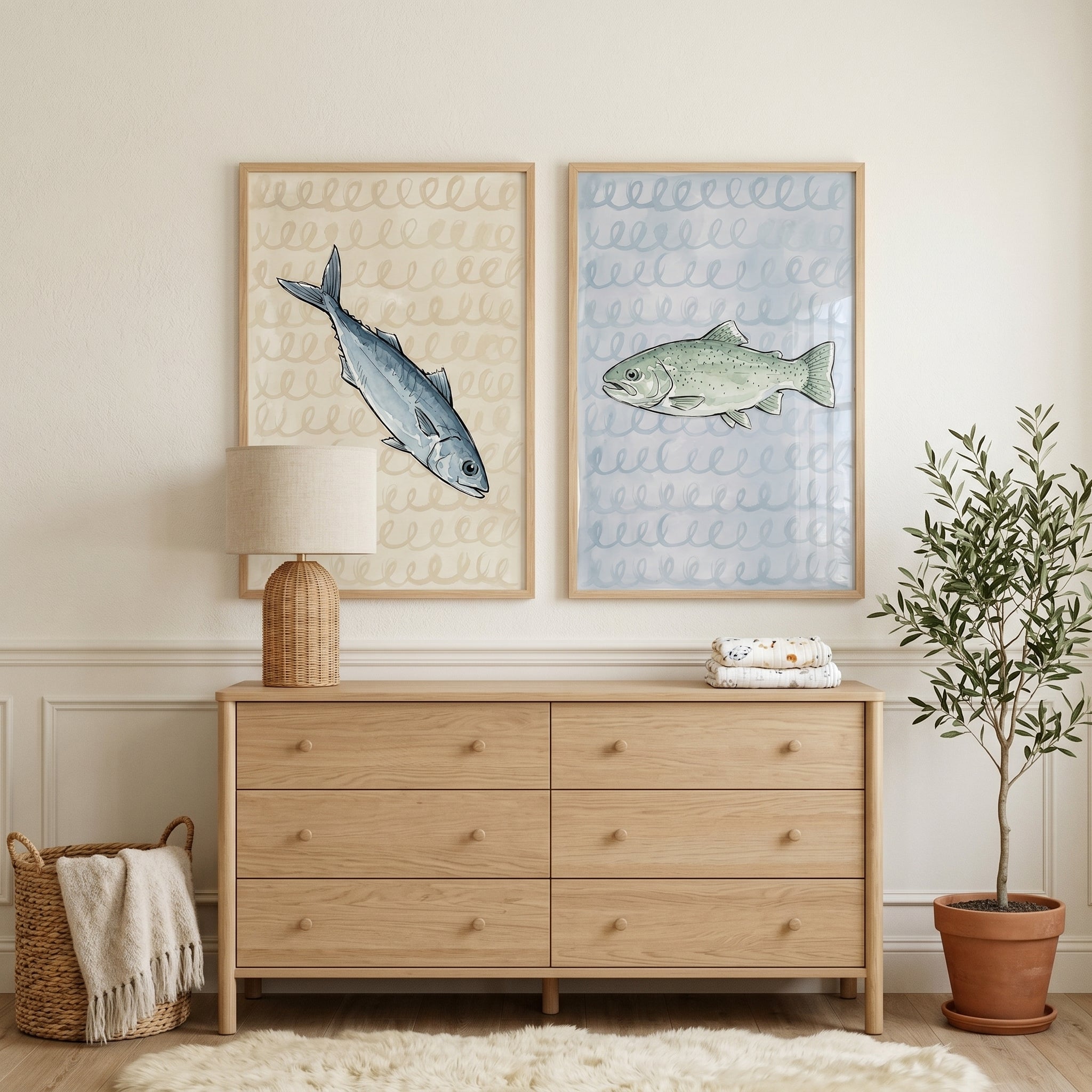 Serene Loopy Background Fish Artwork Set of 2 - Twin Fish Duo
