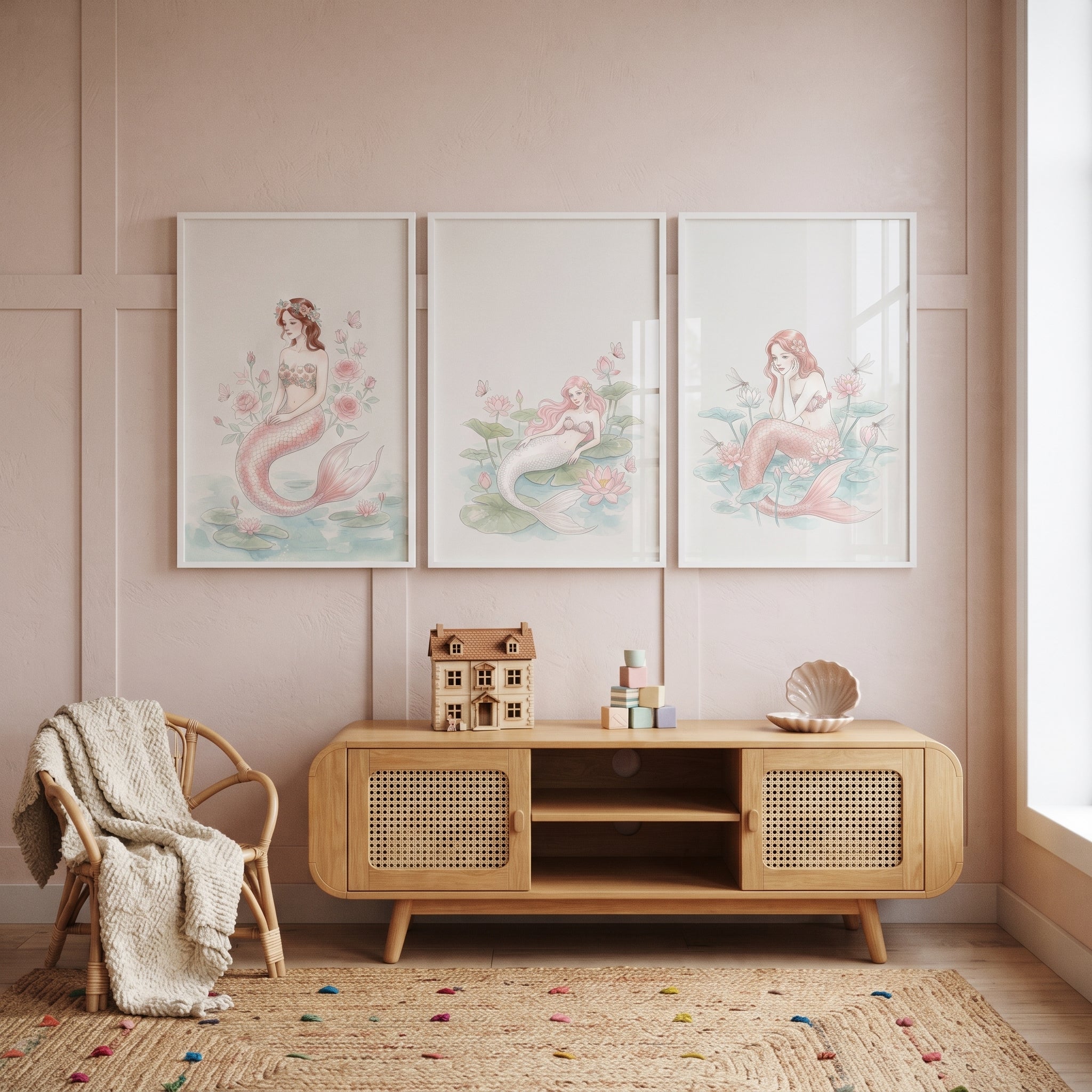 Serene Lotus Blossom Mermaid Wall Art Set of 3 - Lotus Lily Maidens
