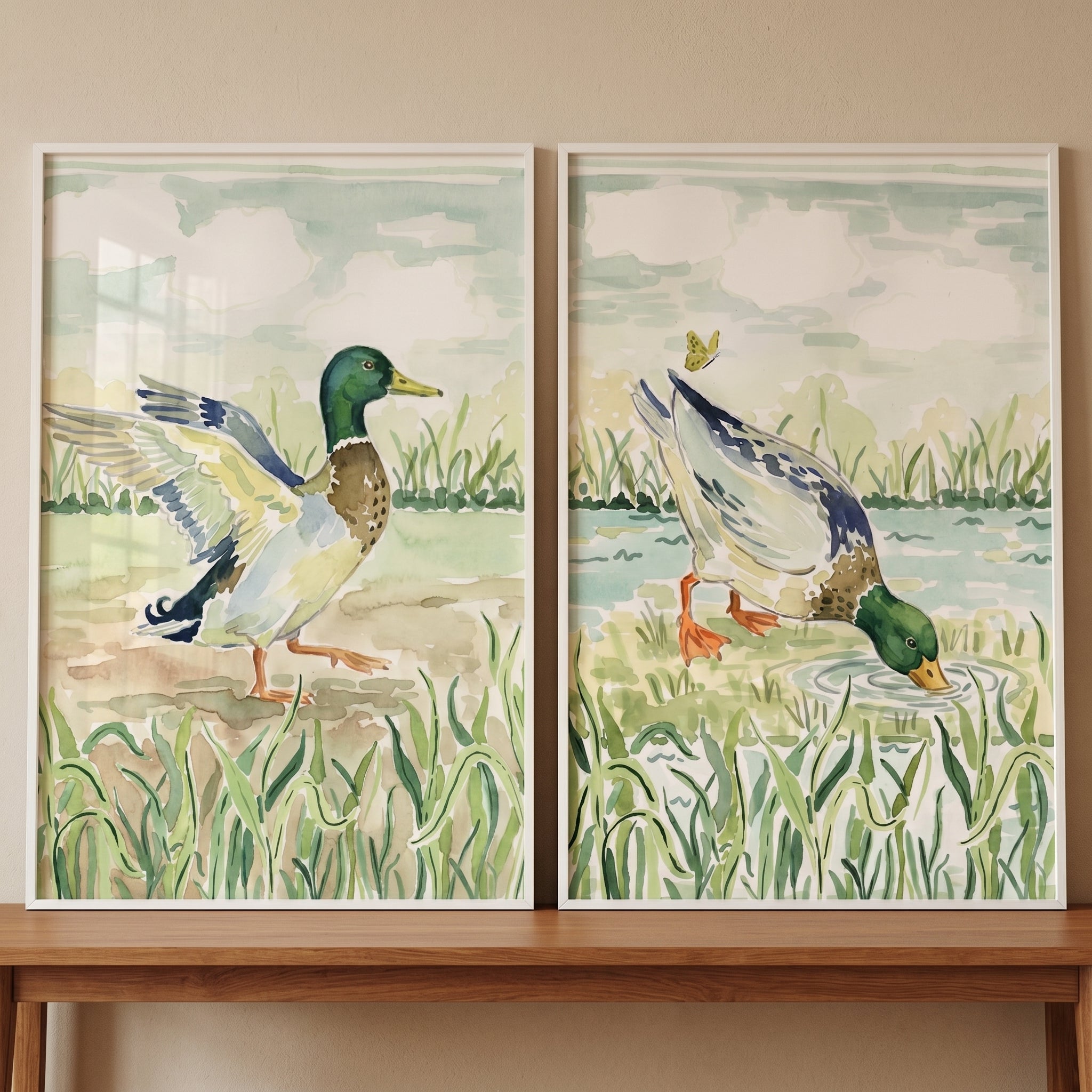 Serene Mallard Duck Wall Art Set of 2 - Wetland Duck Duo