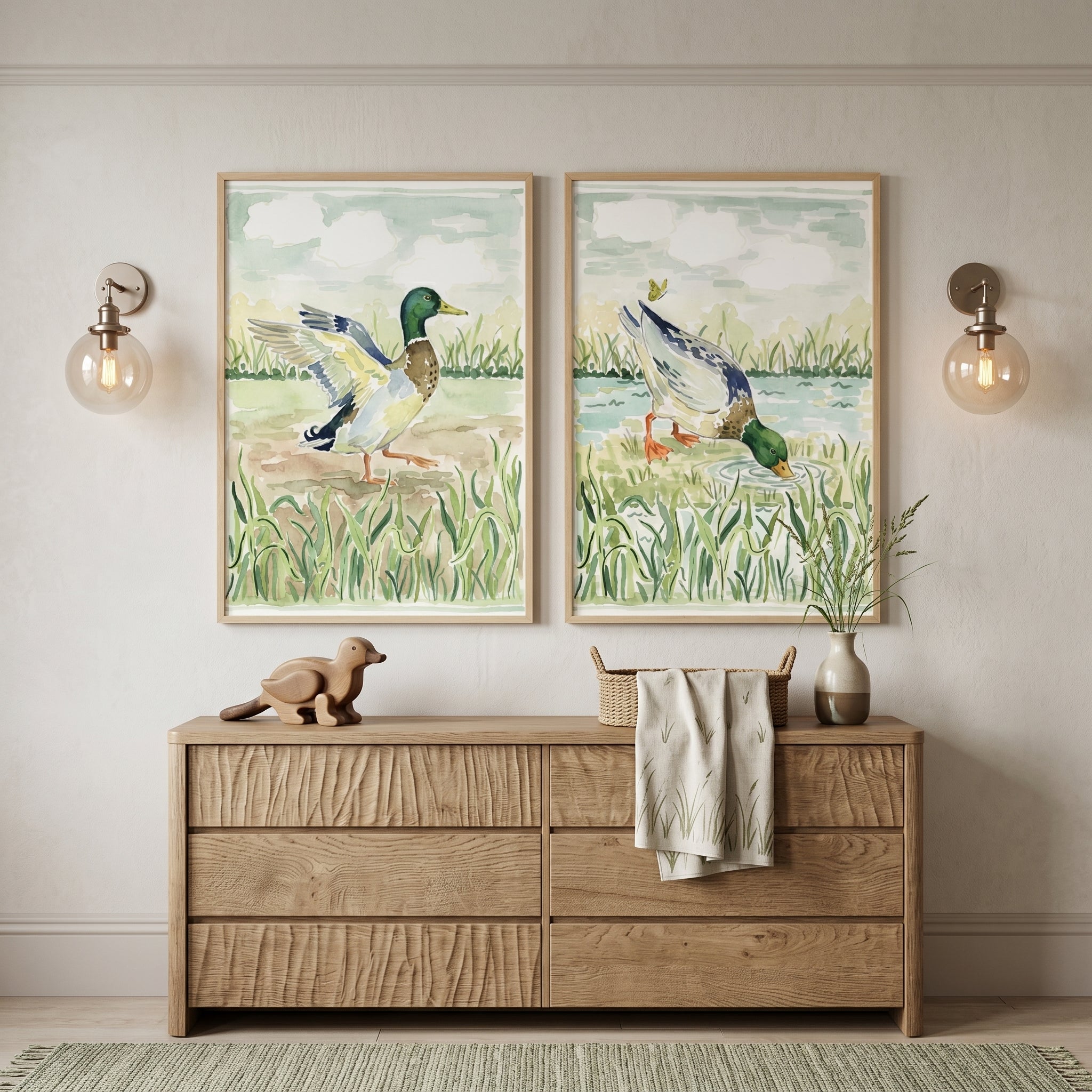 Serene Mallard Duck Wall Art Set of 2 - Wetland Duck Duo