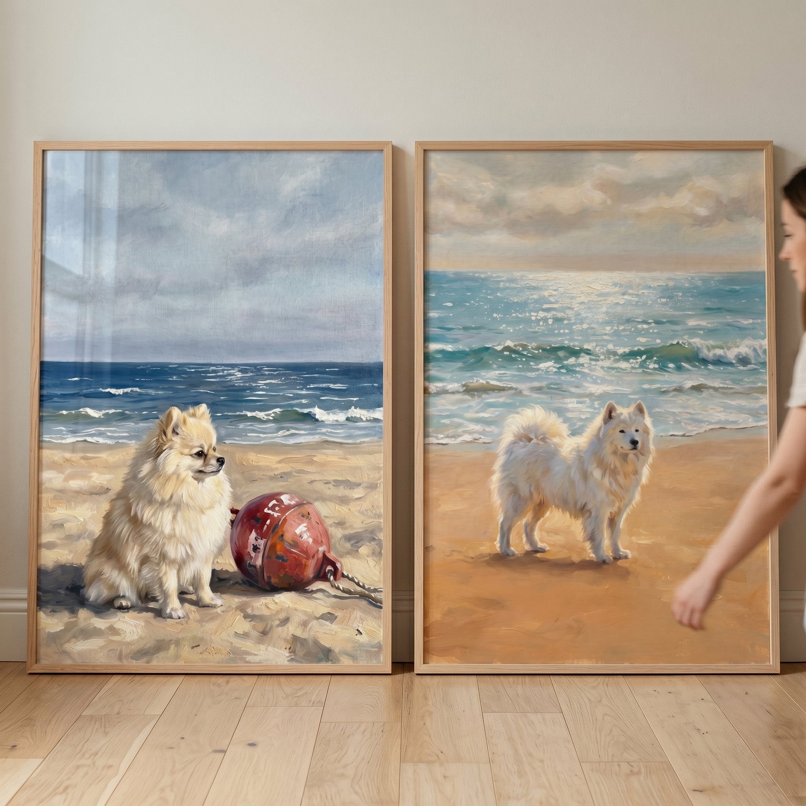 Serene maritime fluffy dog wall art set of 2 featuring dogs on a beach with a red buoy and rolling ocean waves.