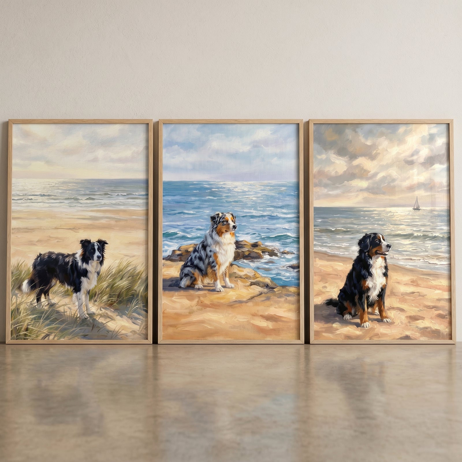 Serene maritime shoreline dog wall art set of 3 showing three dogs on a beach with ocean waves and soft sky.