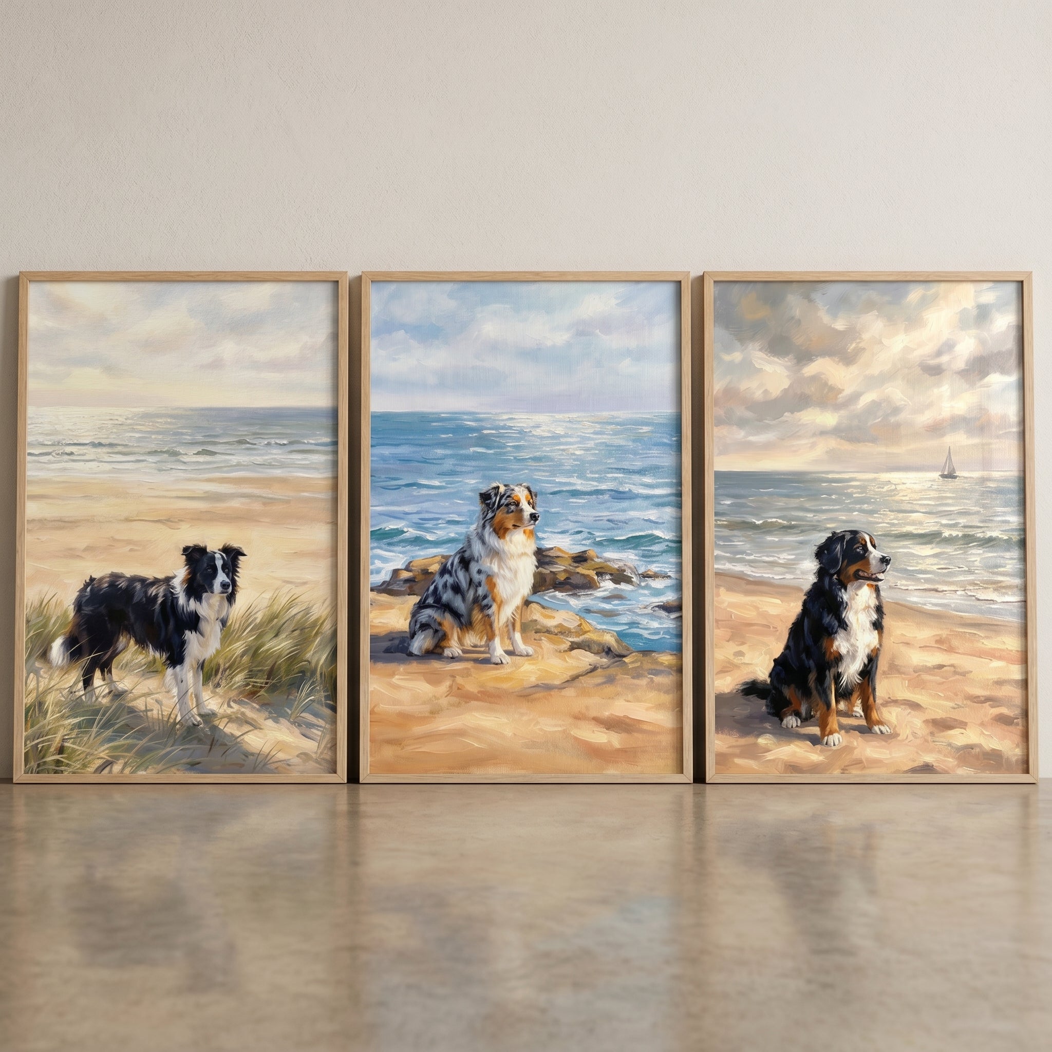 Serene Maritime Shoreline Dog Wall Art Set of 3 - Seaside Best Friends