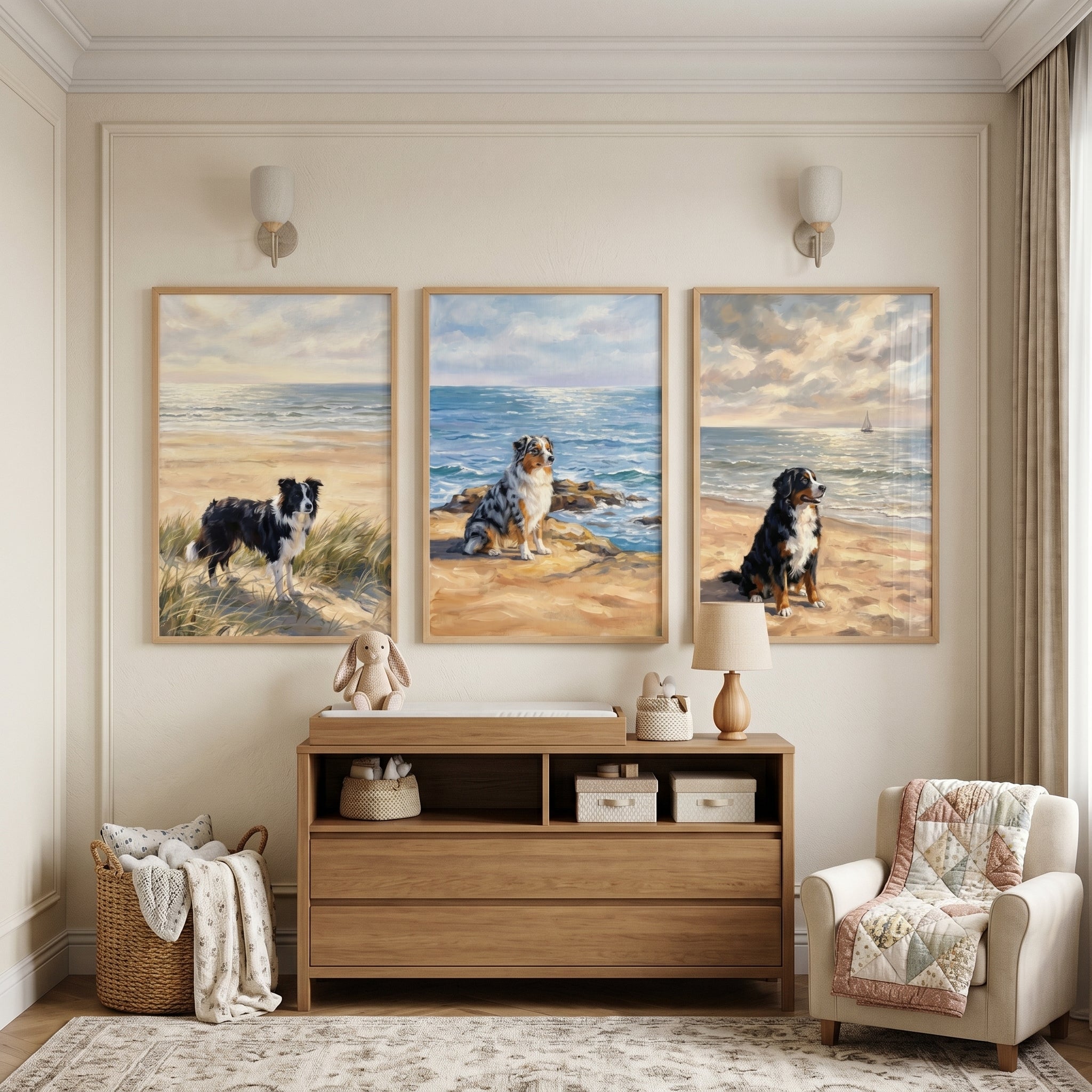 Serene Maritime Shoreline Dog Wall Art Set of 3 - Seaside Best Friends