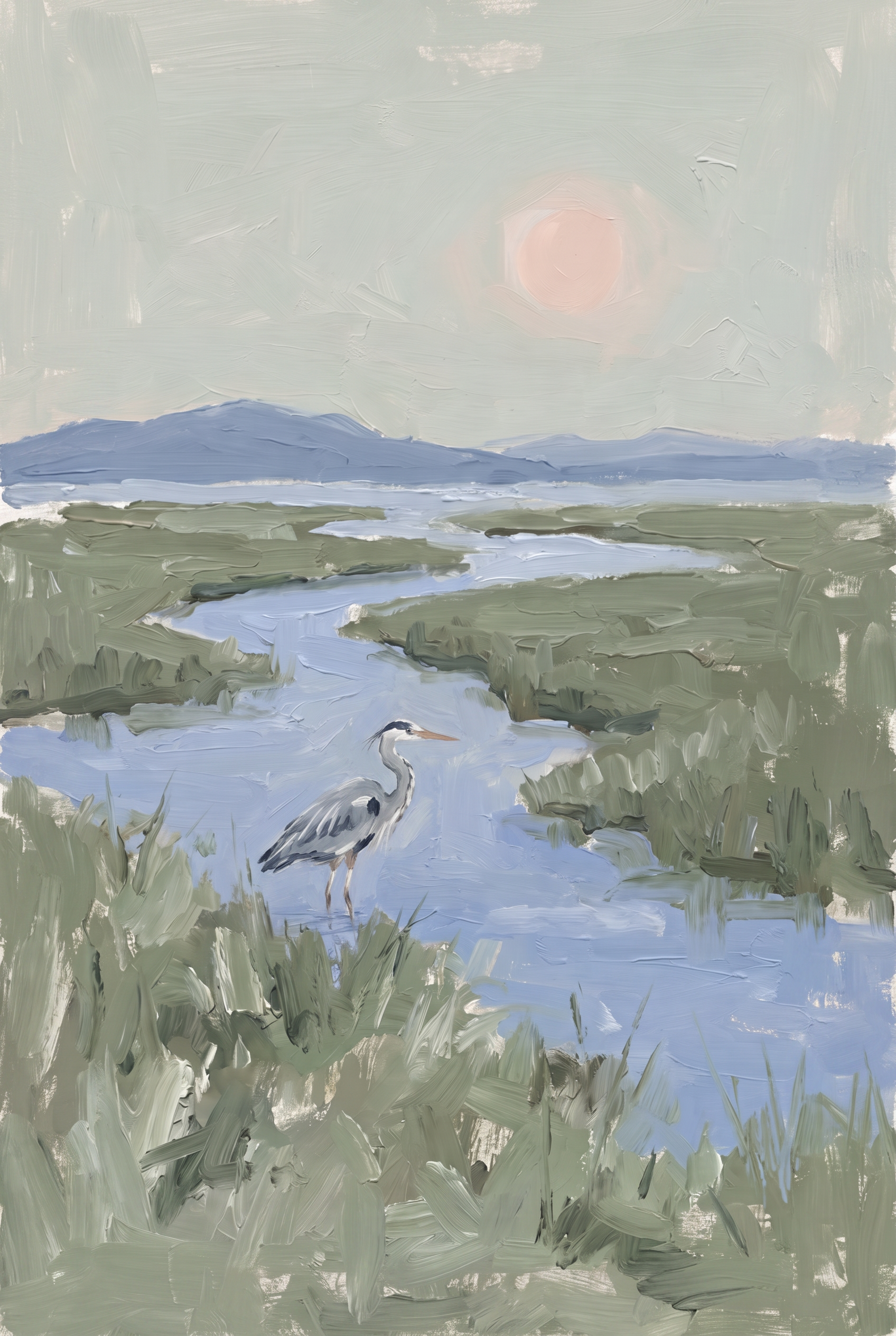 Serene Marsh Grey Heron Bird Wall Art - Serene Marsh Heron