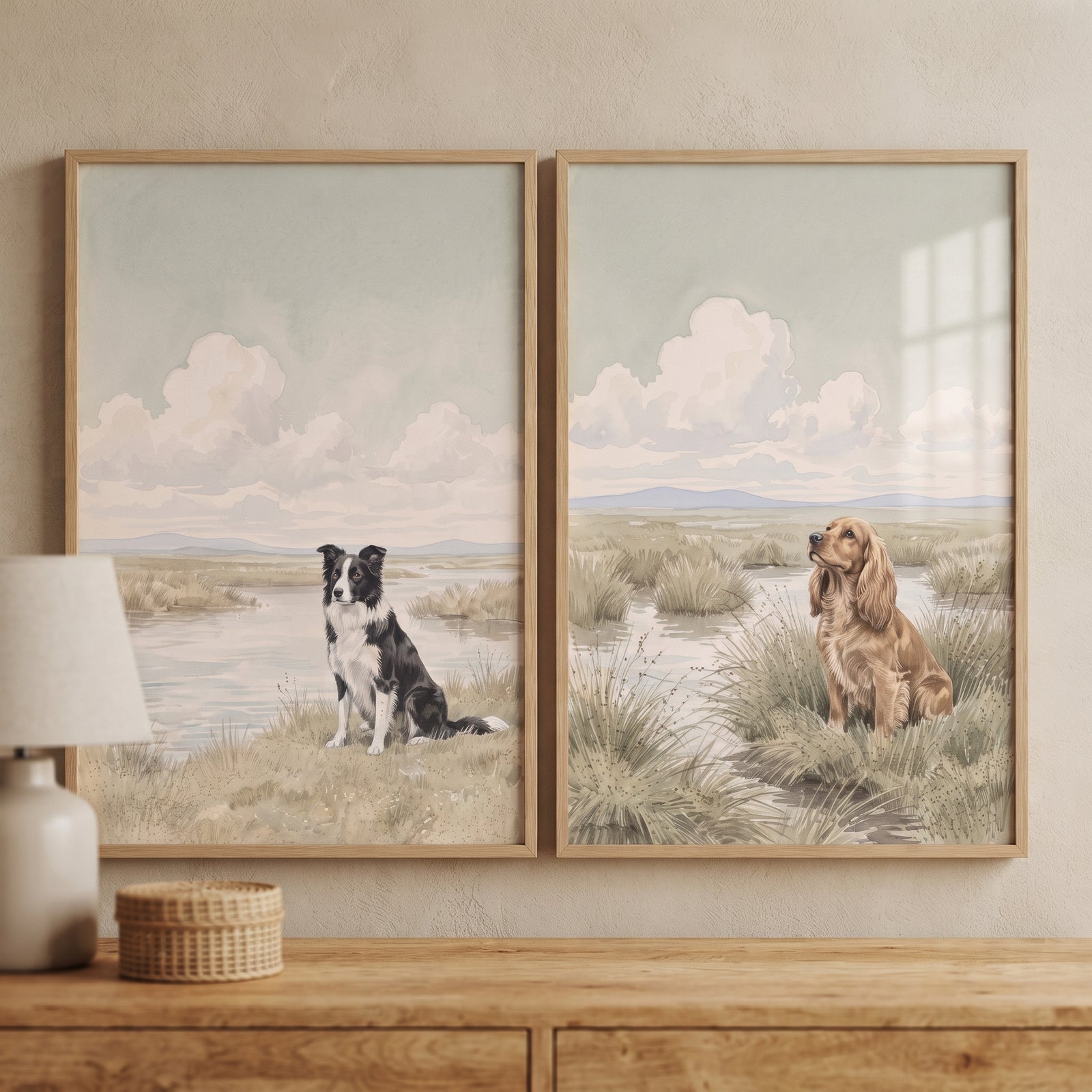 Serene marshland vista dog wall art set of 2 featuring a black and white dog and a golden spaniel by the water.