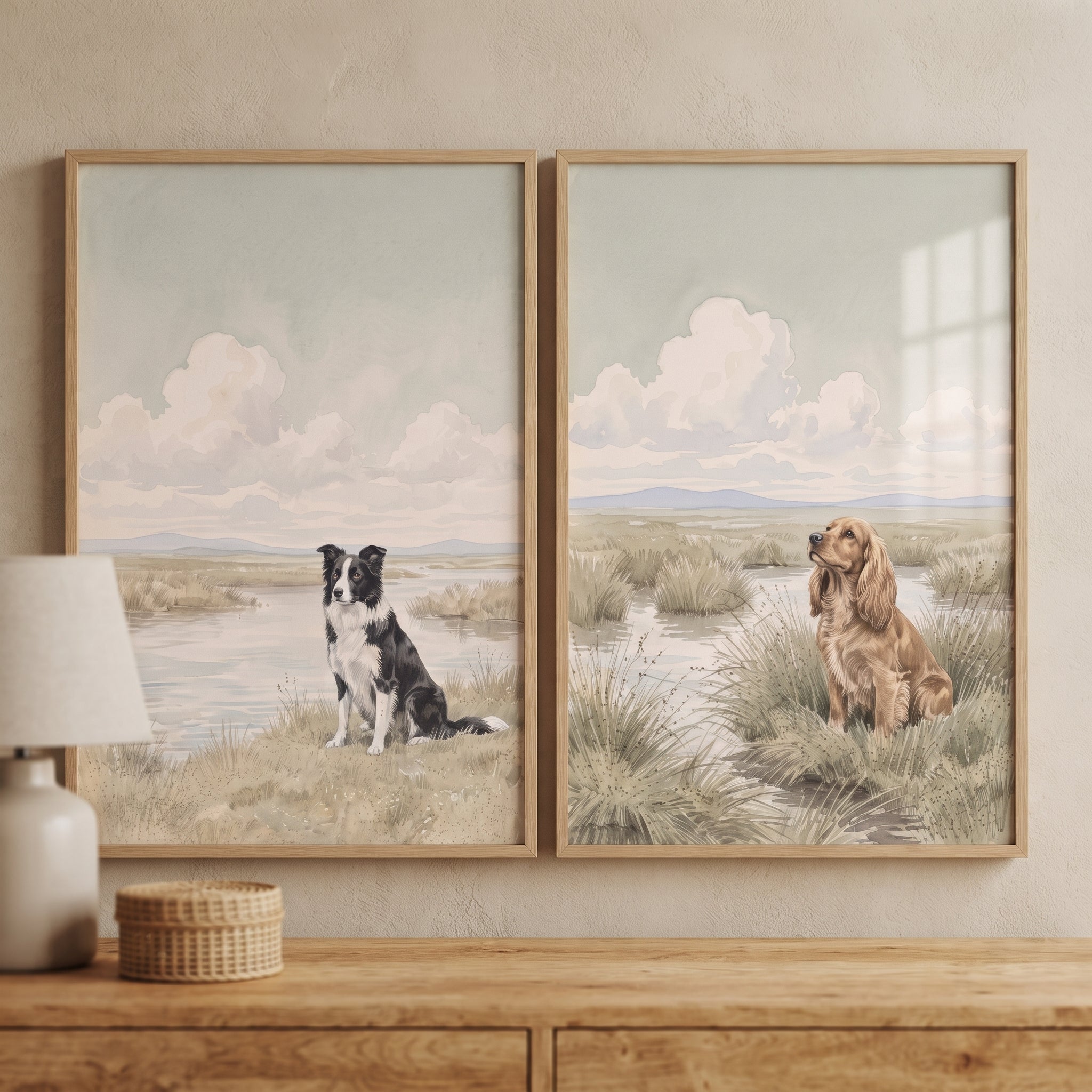 Serene Marshland Vista Dog Wall Art Set of 2 - Faithful Field Friends