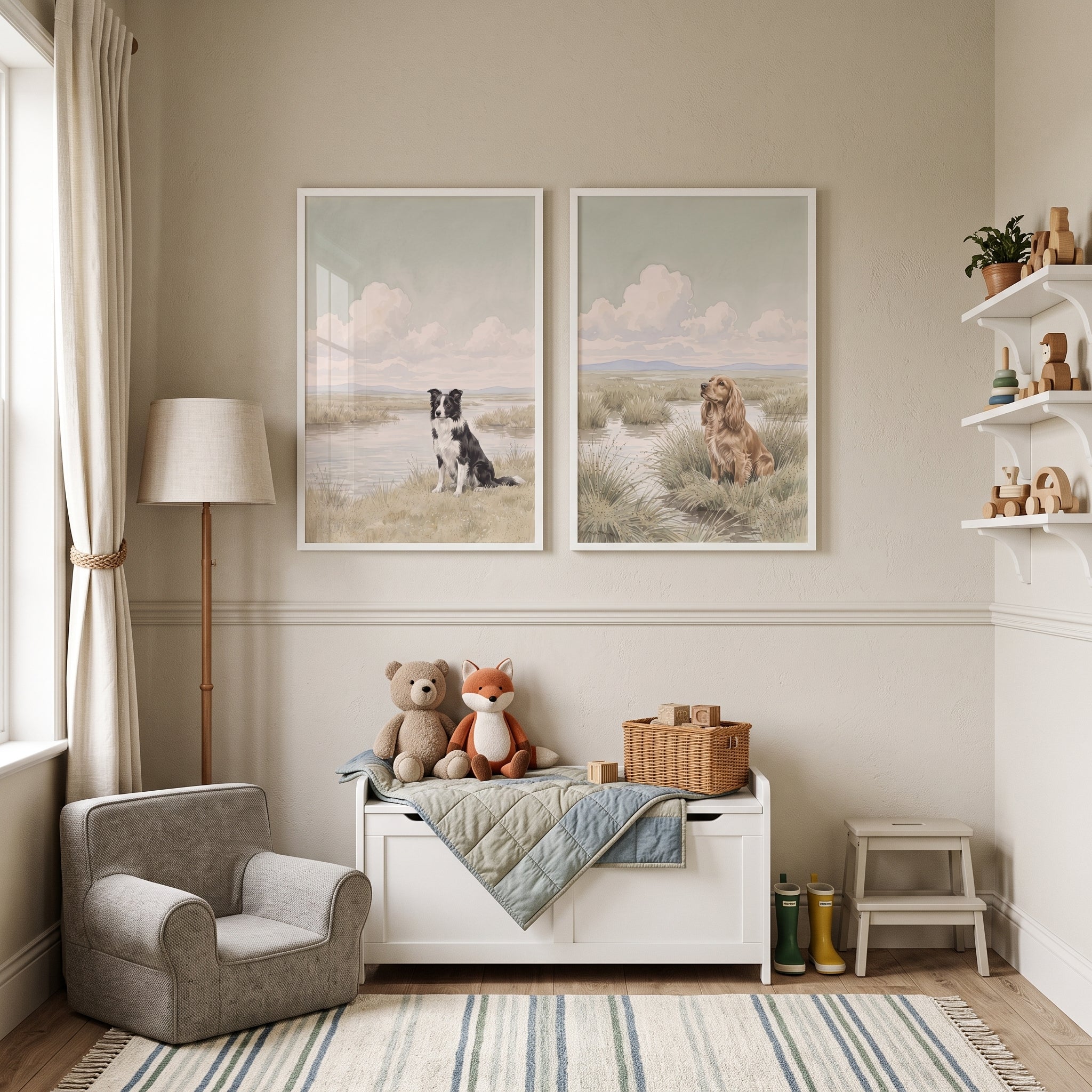 Serene Marshland Vista Dog Wall Art Set of 2 - Faithful Field Friends