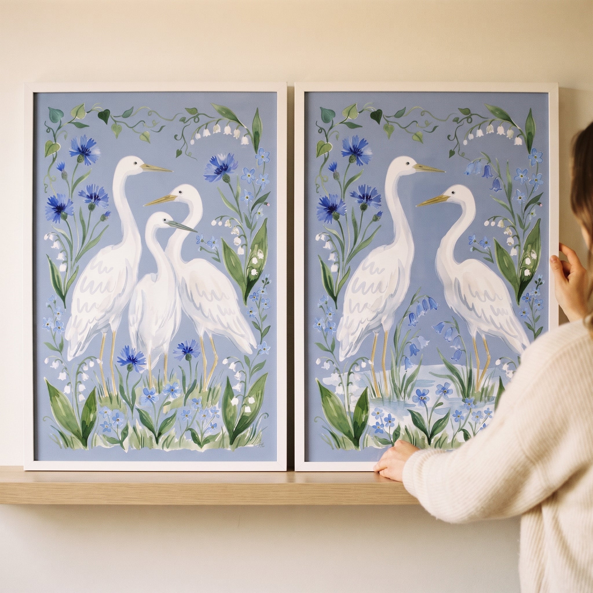 Serene Marshland White Egret Bird Wall Art Set of 2 - Blue Meadow Egrets