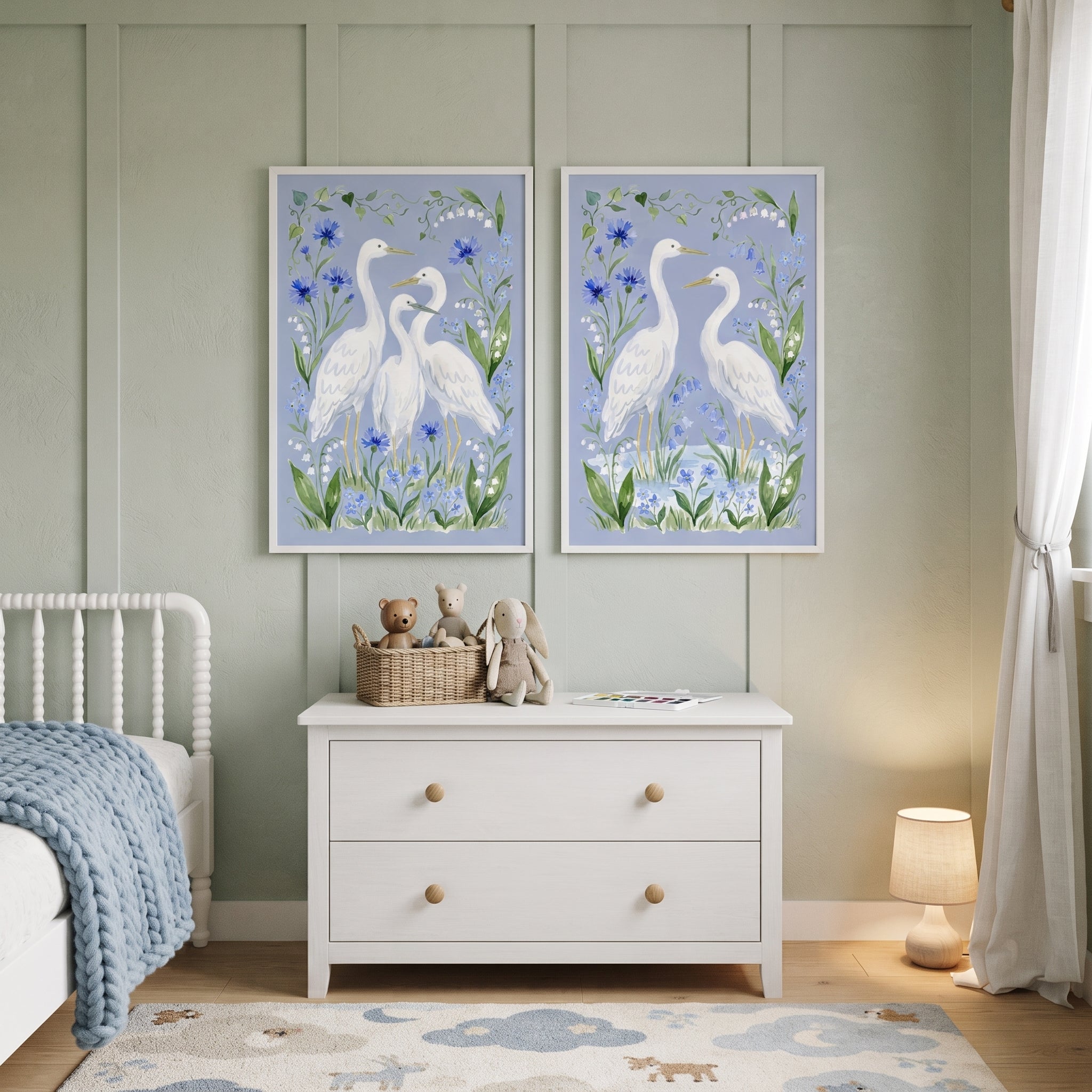 Serene Marshland White Egret Bird Wall Art Set of 2 - Blue Meadow Egrets