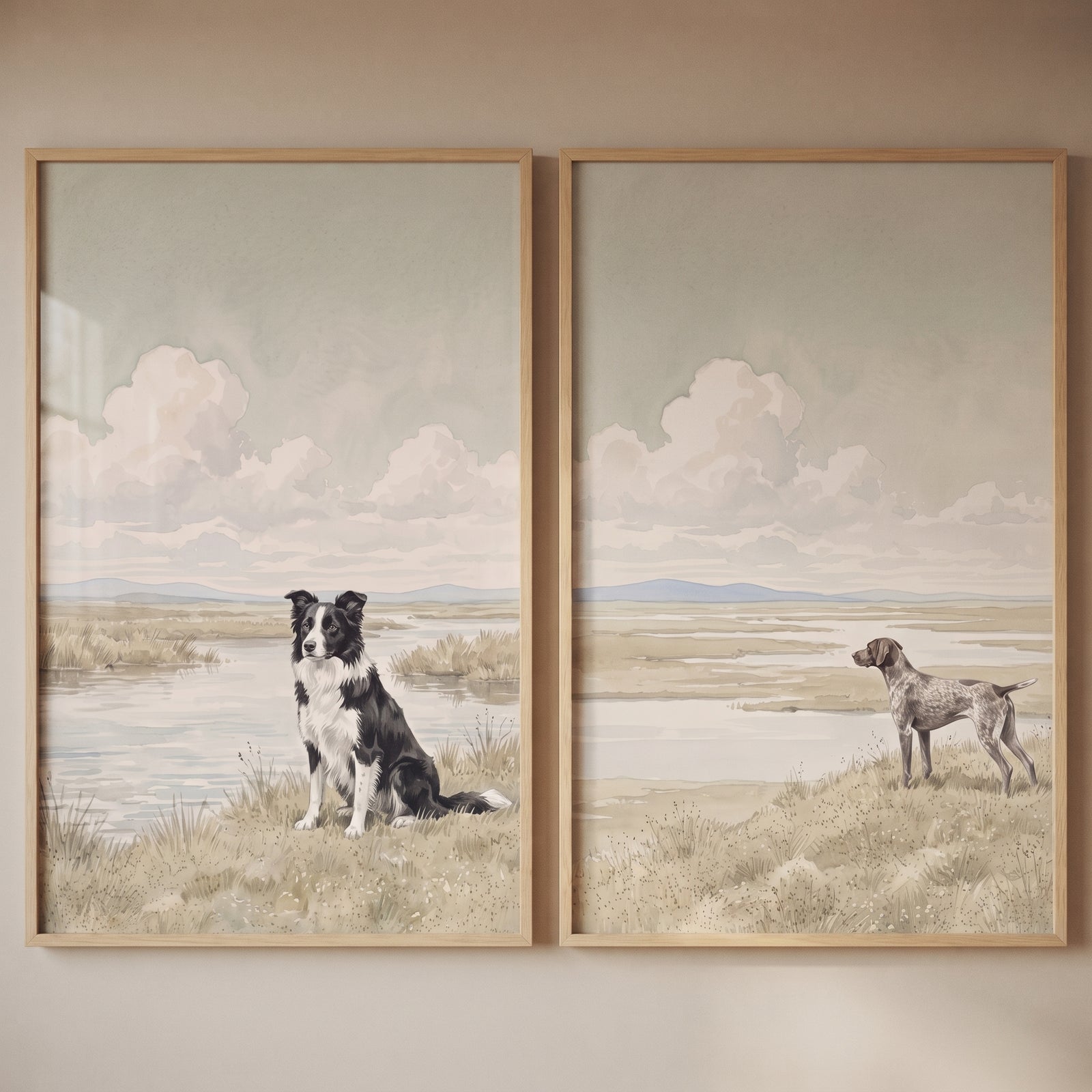 Serene marshland working dog wall art set of 2 featuring a border collie and pointer in soft, muted tones.