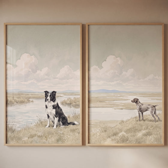 Serene marshland working dog wall art set of 2 featuring a border collie and pointer in soft, muted tones.