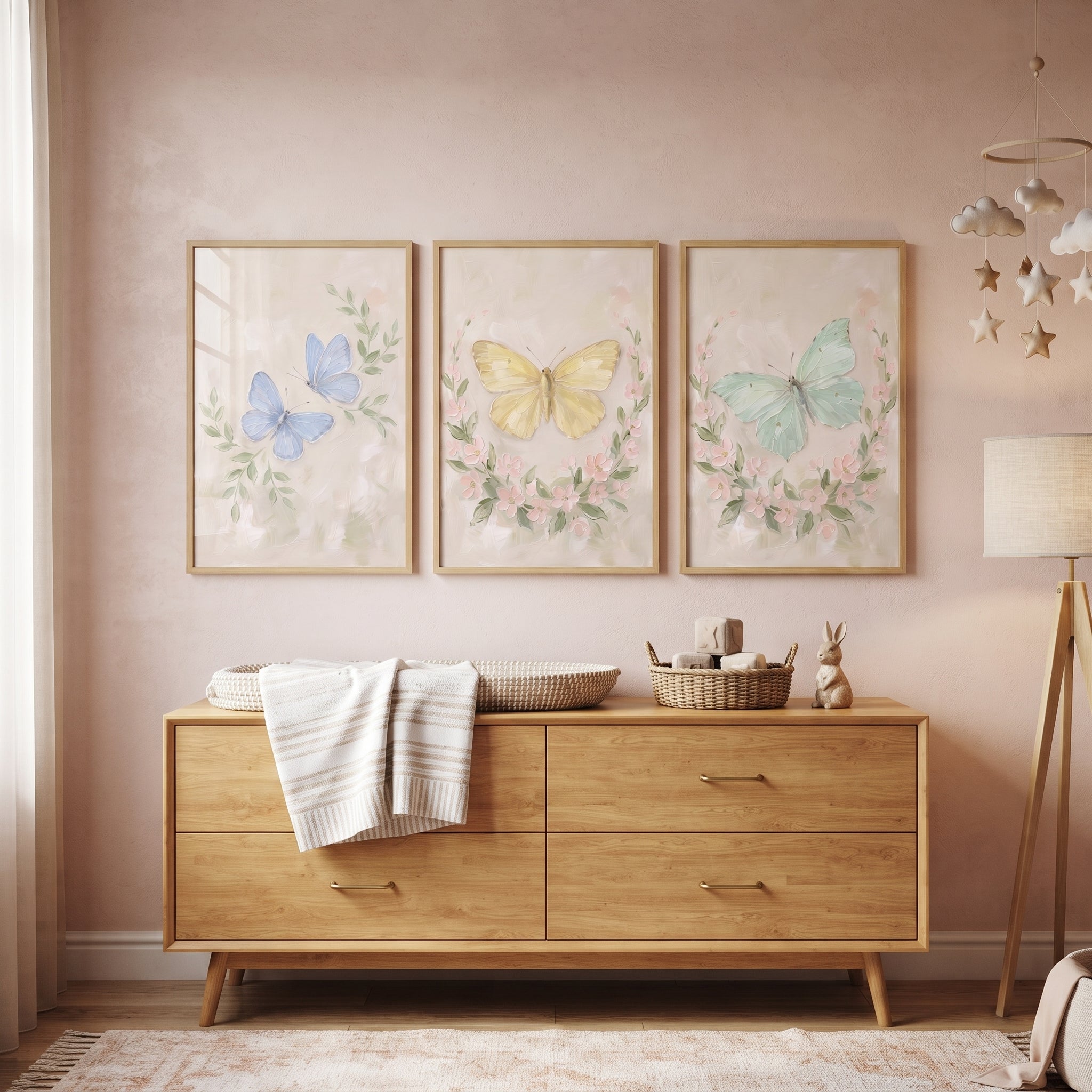 Serene Meadow Floral Butterfly Wall Art Set of 3 - Soft Meadow Flutter