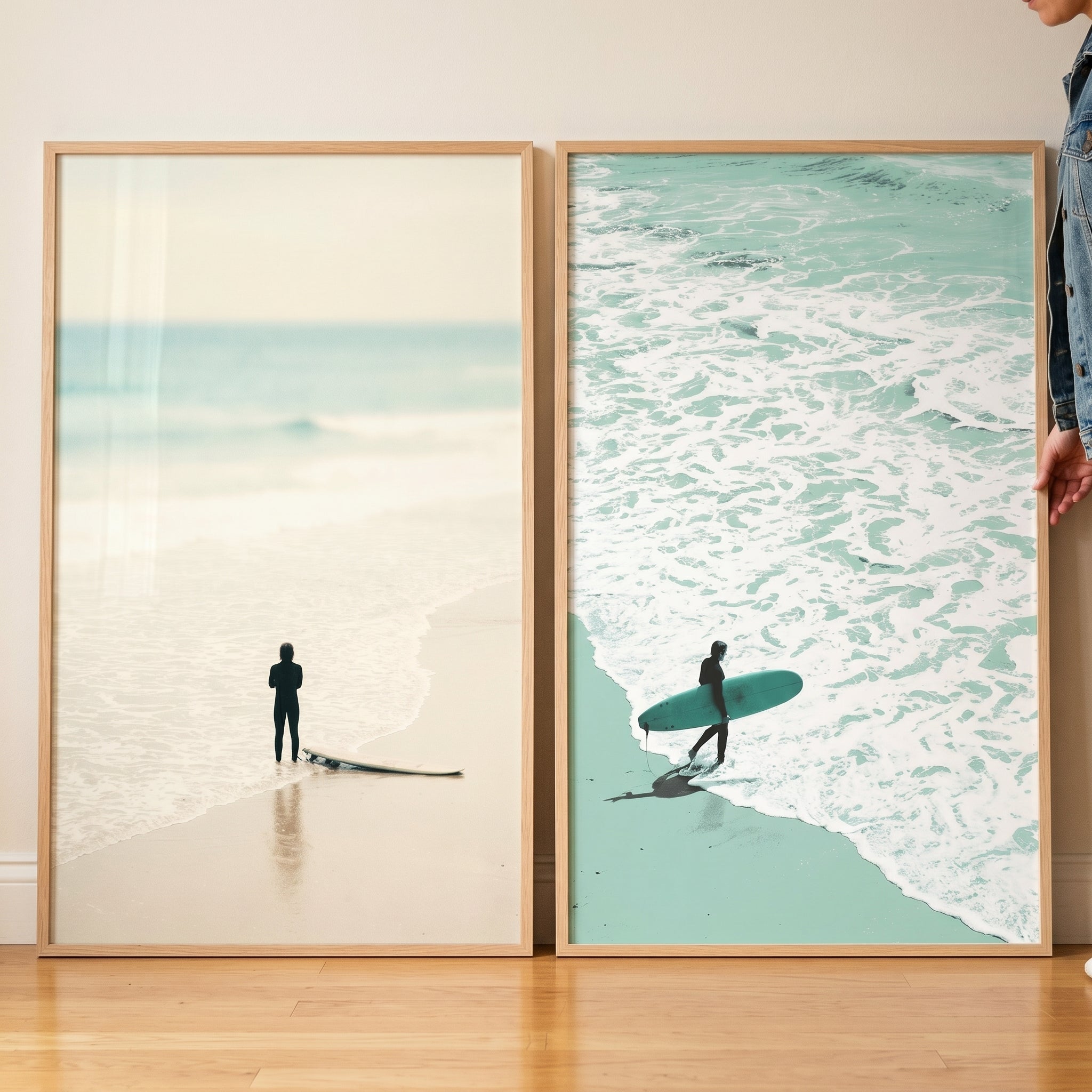 Serene Minimalist Coastal Surfer Wall Art Set of 2 - Ocean Shore Ritual