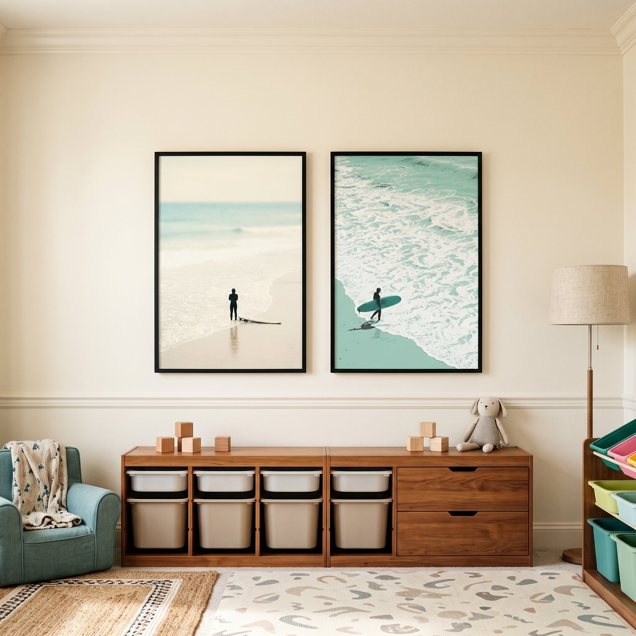 Serene Minimalist Coastal Surfer Wall Art Set of 2 - Ocean Shore Ritual