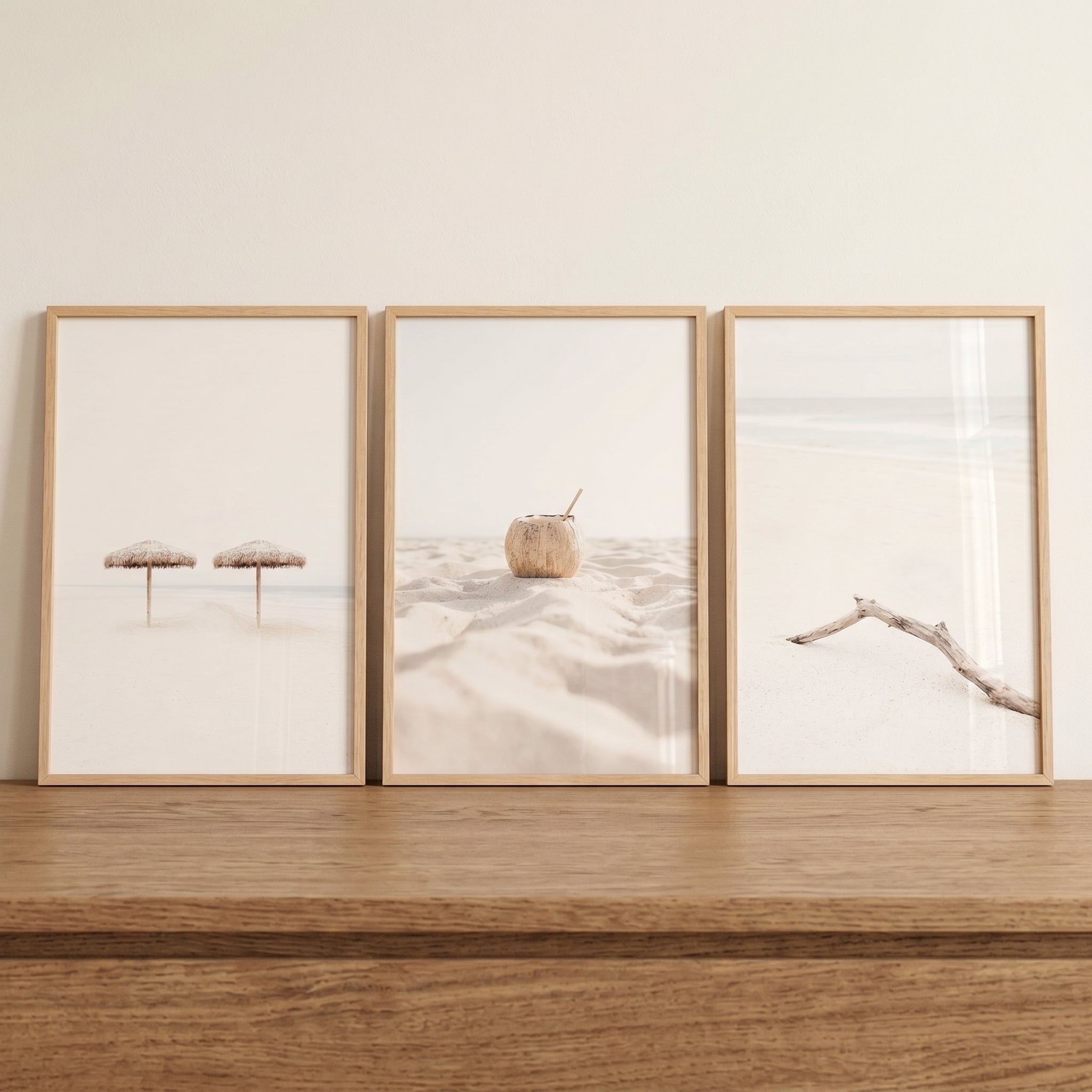 Serene Minimalist White Beach Wall Art Set Of 3 - Sunlit Shoreline Trio
