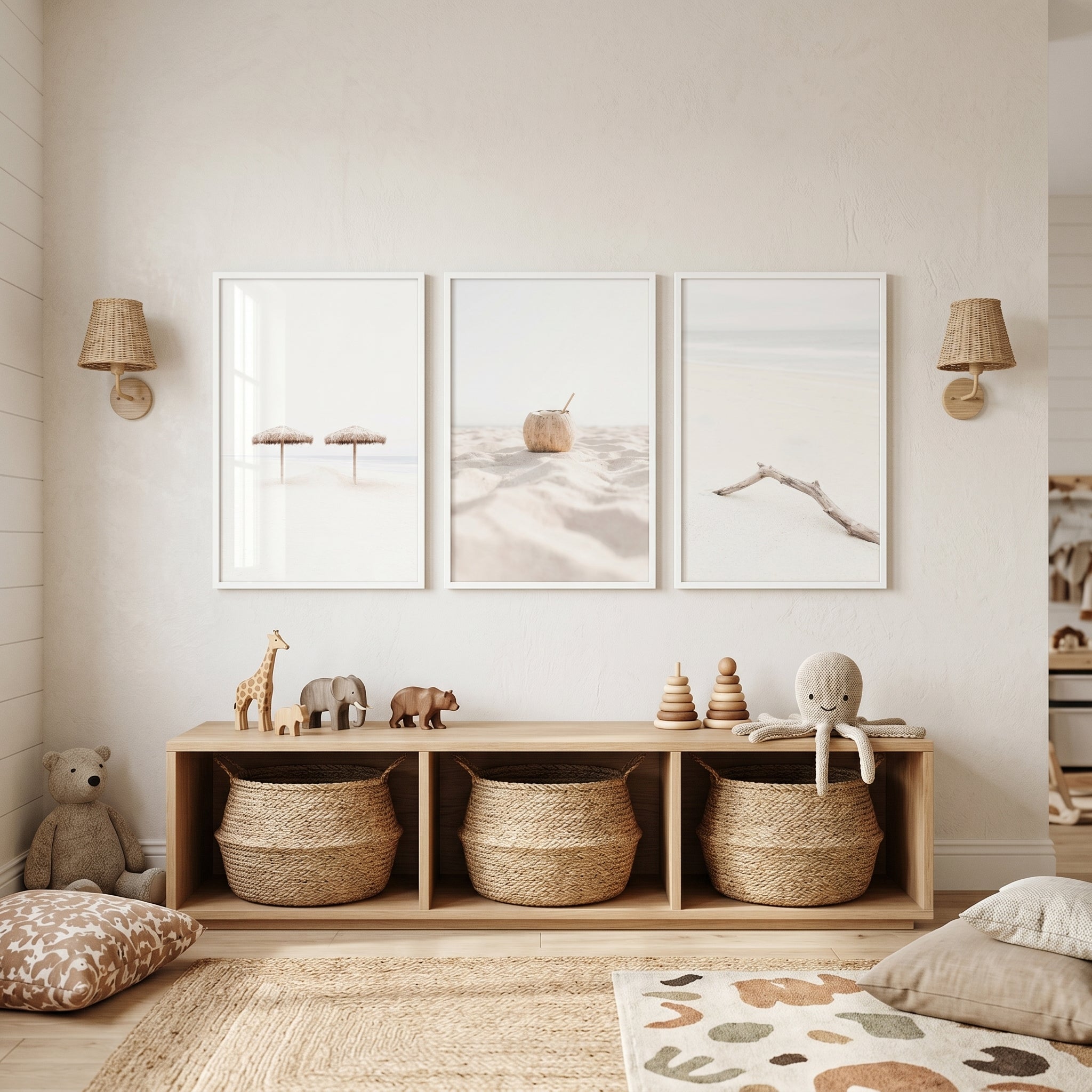 Serene Minimalist White Beach Wall Art Set Of 3 - Sunlit Shoreline Trio