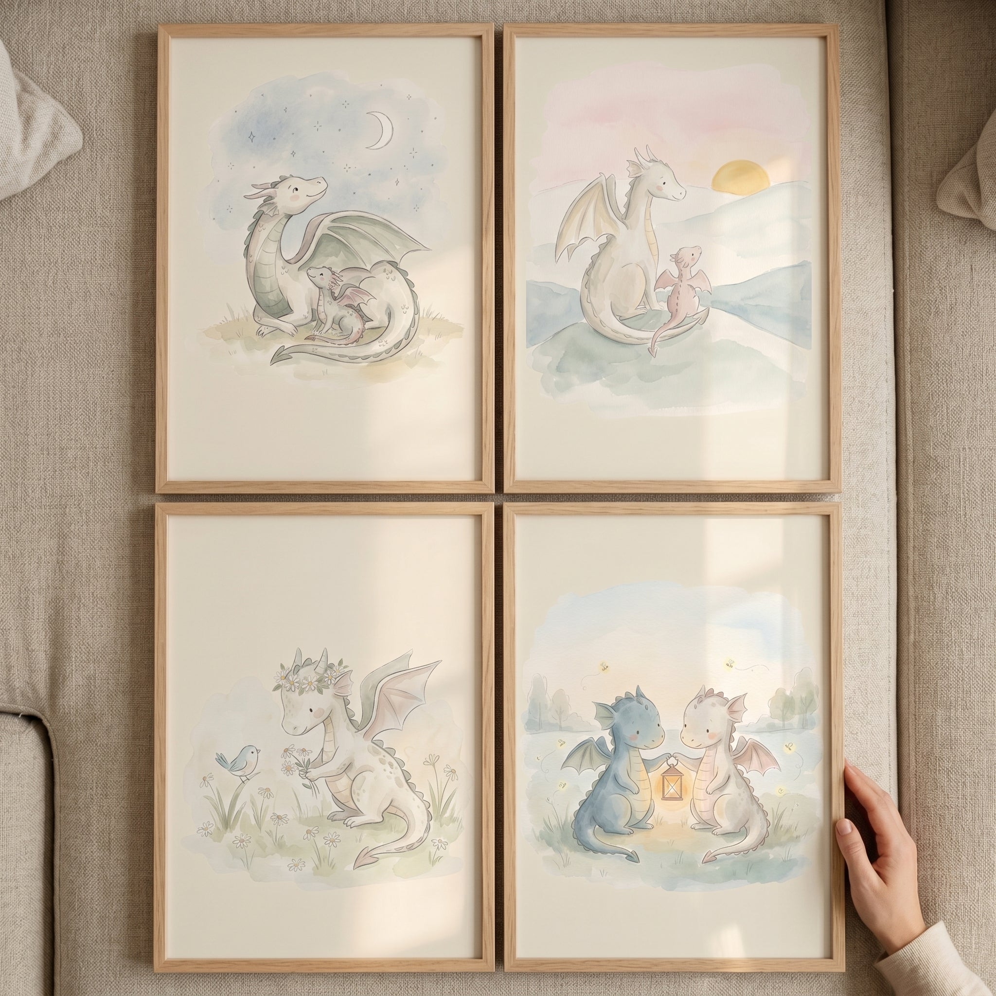 Serene Mint Baby Dragon Wall Art Set of 4 - Whimsical Dragon Tale