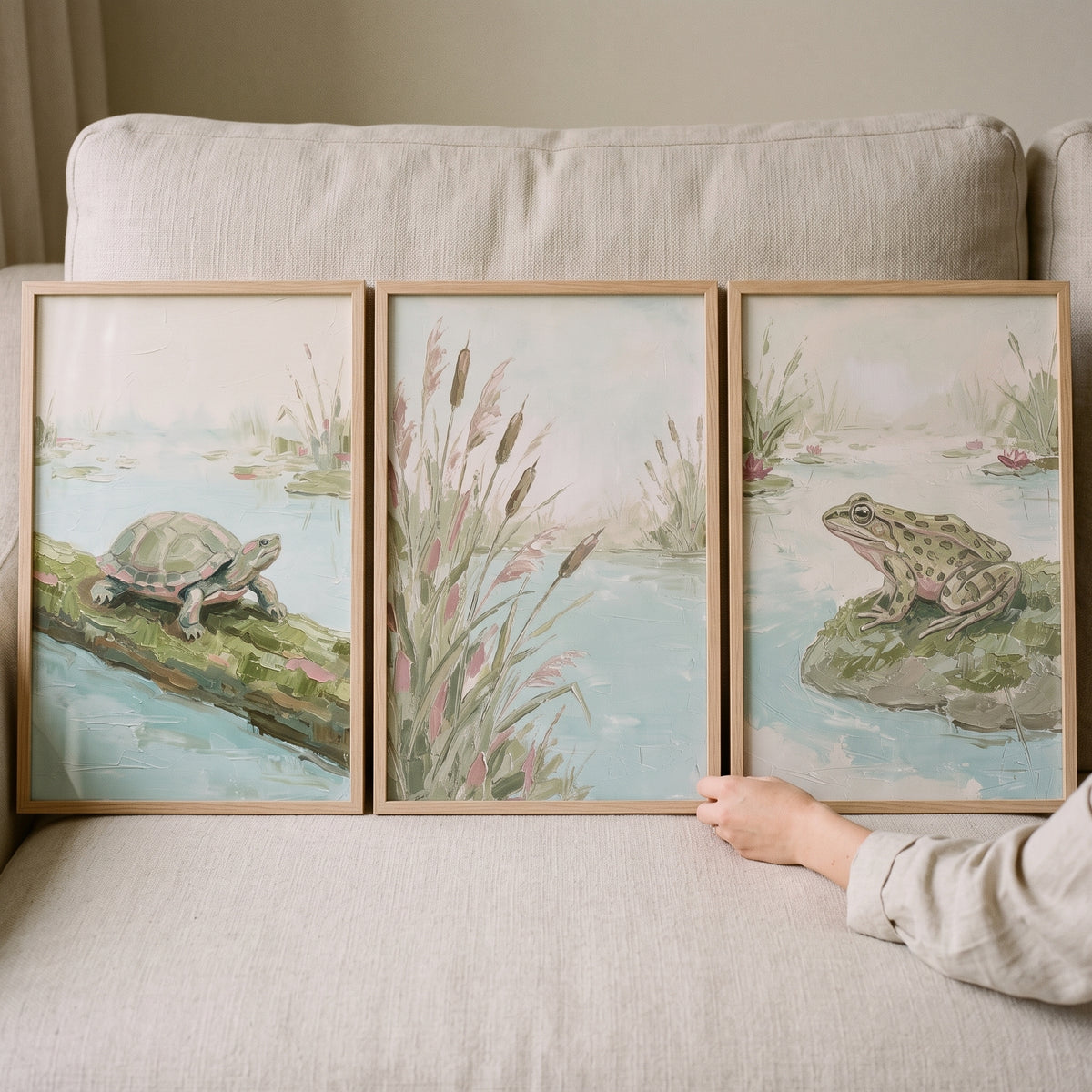 Serene Misty Sage Pond Wall Art Set Of 3 - Tranquil Pond Trio