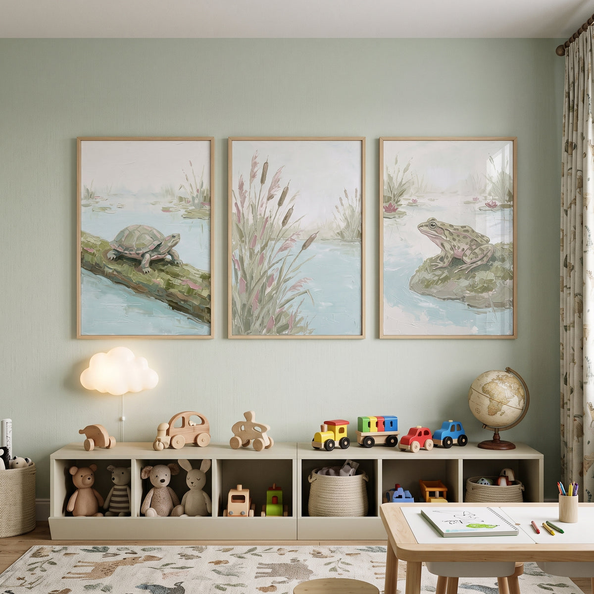 Serene Misty Sage Pond Wall Art Set Of 3 - Tranquil Pond Trio