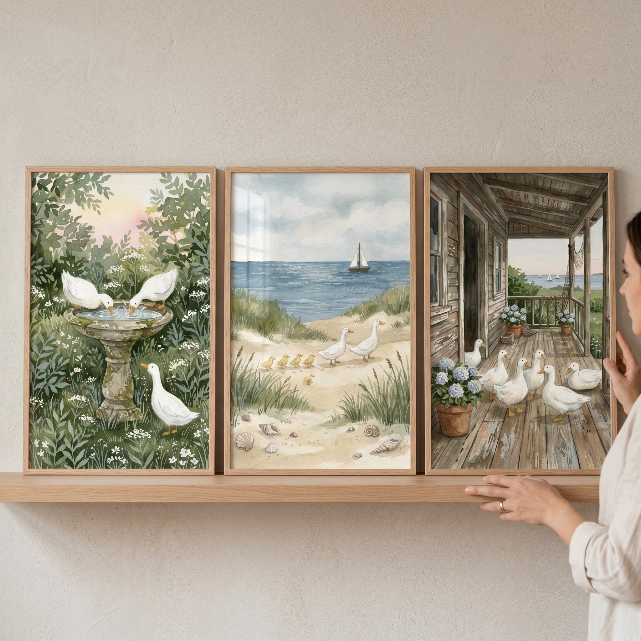 Serene Nature White Duck Wall Art Set of 3 - Seaside Duck Journey