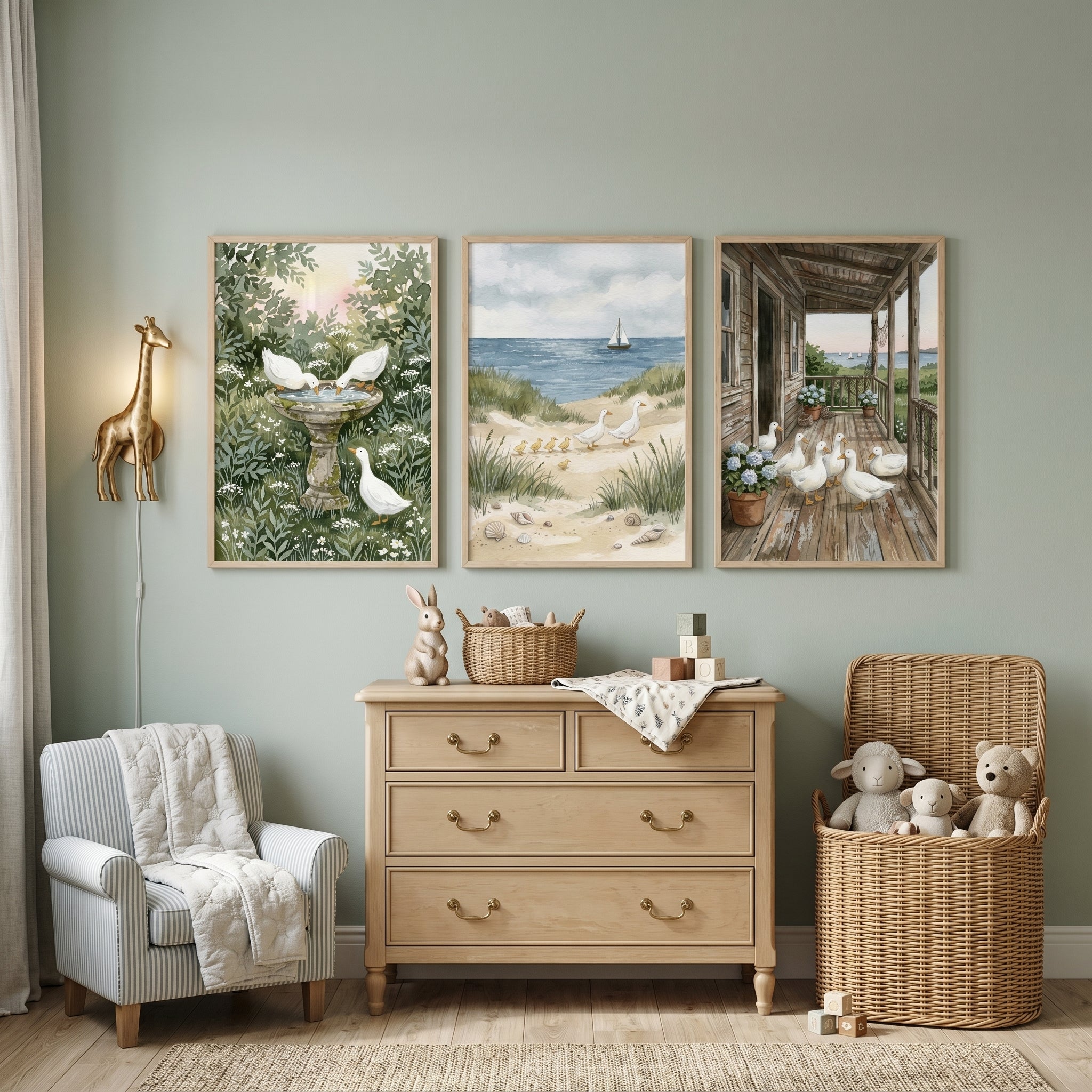 Serene Nature White Duck Wall Art Set of 3 - Seaside Duck Journey