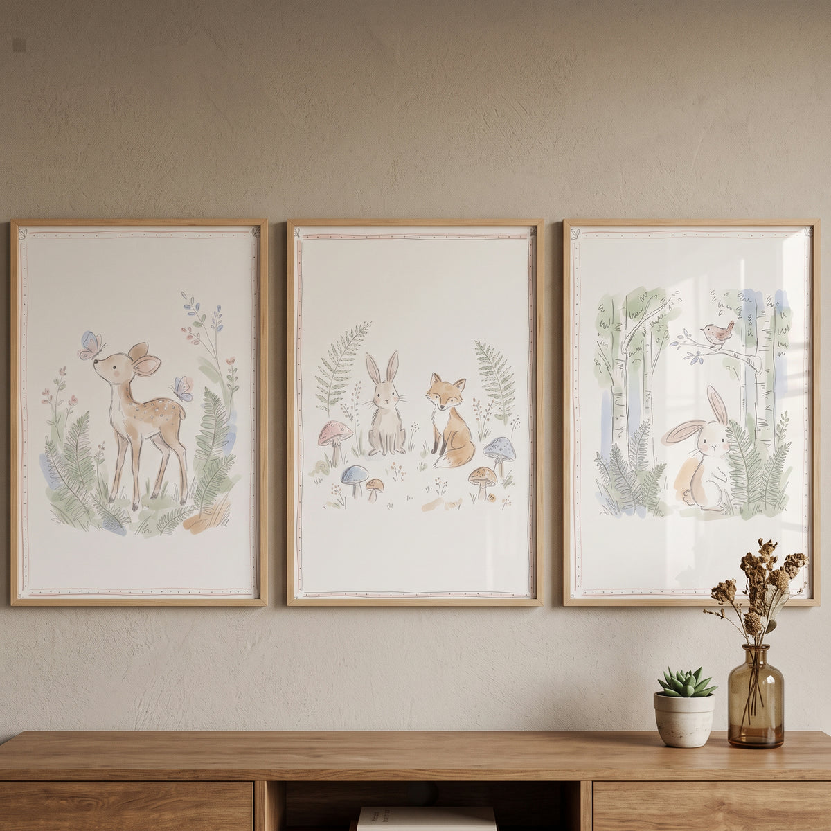 Serene nature woodland animal wall art set of 3 watercolor prints of a fawn, bunny, and fox in a light wood frame.